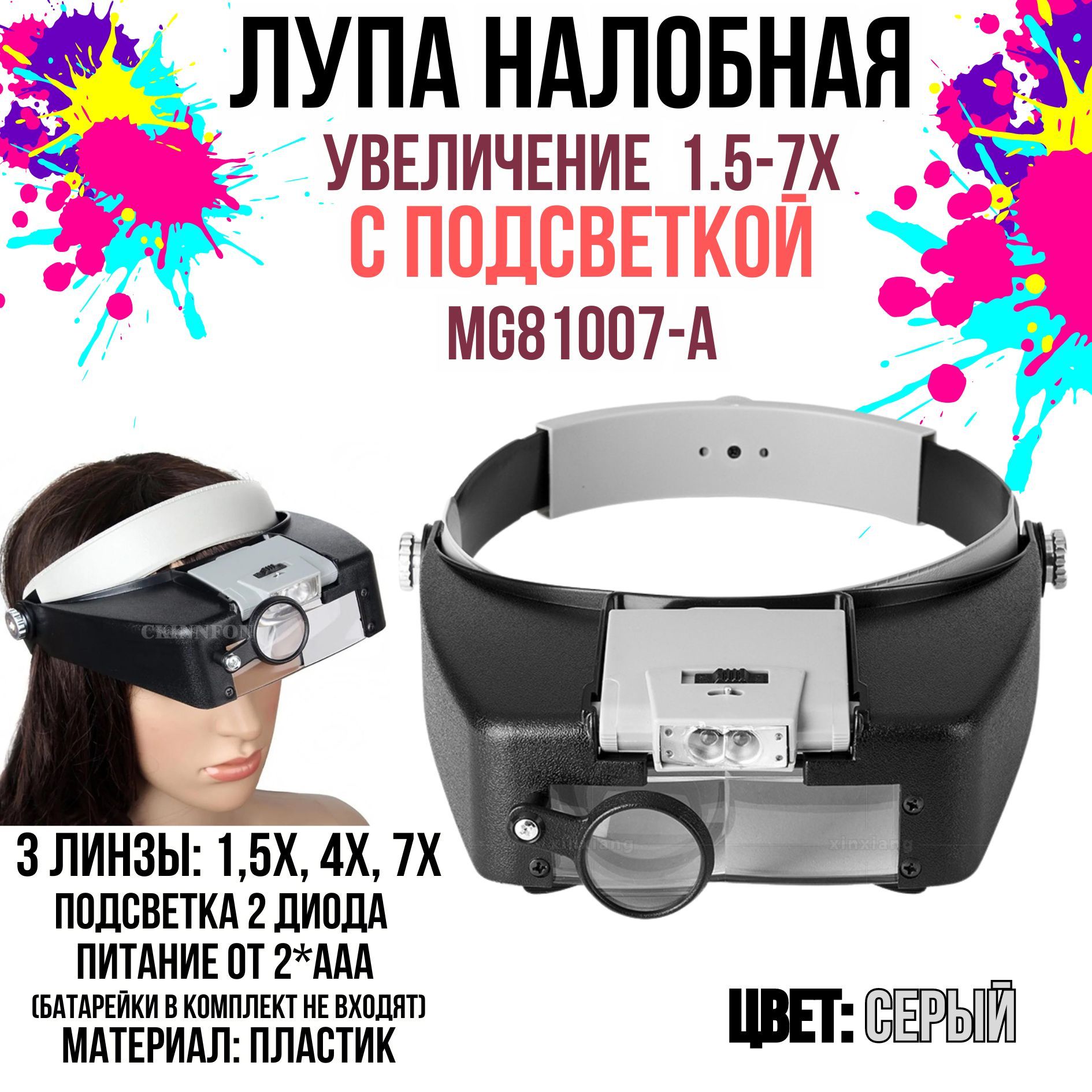 Лупа с подсветкой налобная MG81007-А для чтения, рукоделия, мелких работ, увеличение 1.5-7X