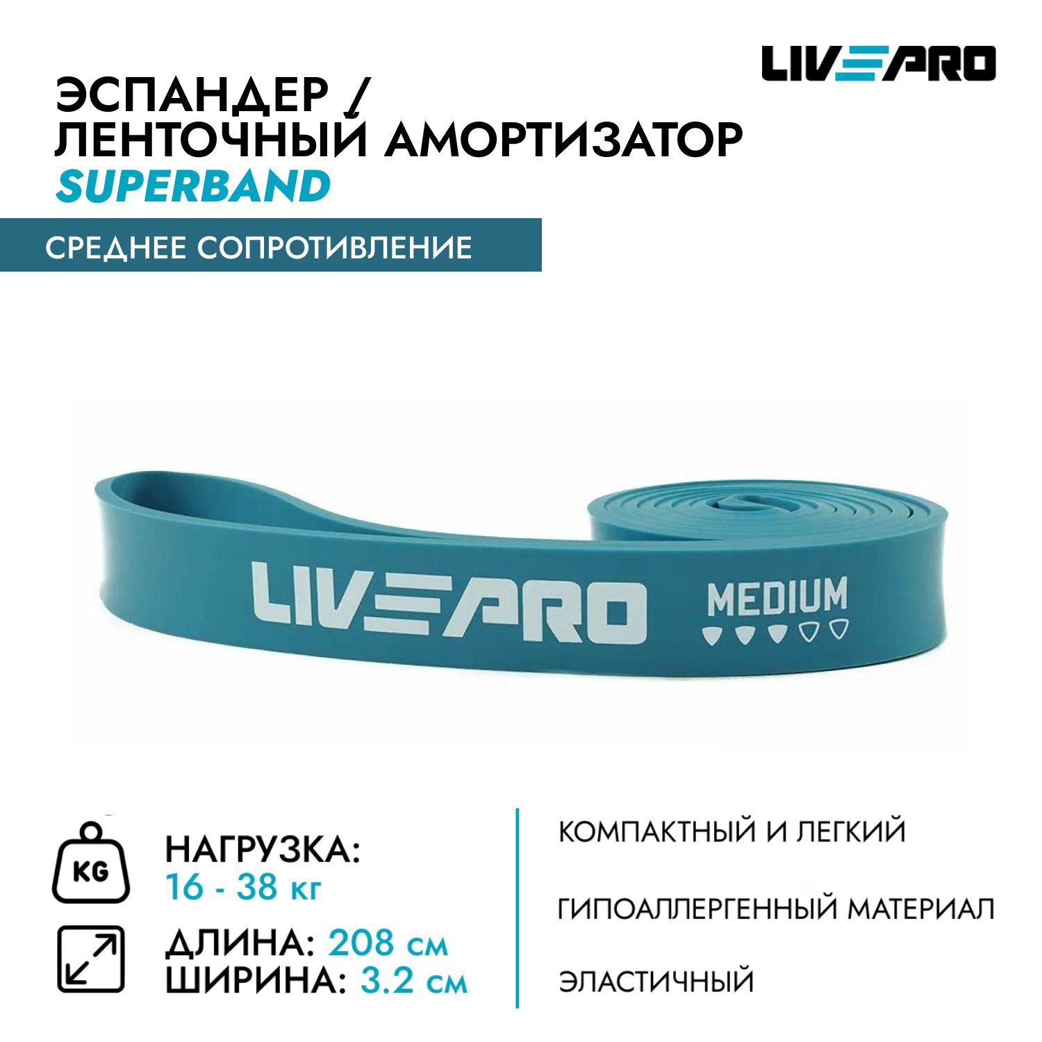 Эспандер ленточный / Жгут для фитнеса и подтягиваний LIVEPRO SuperBand, 208х3,2 см, сопротивление: среднее, голубой