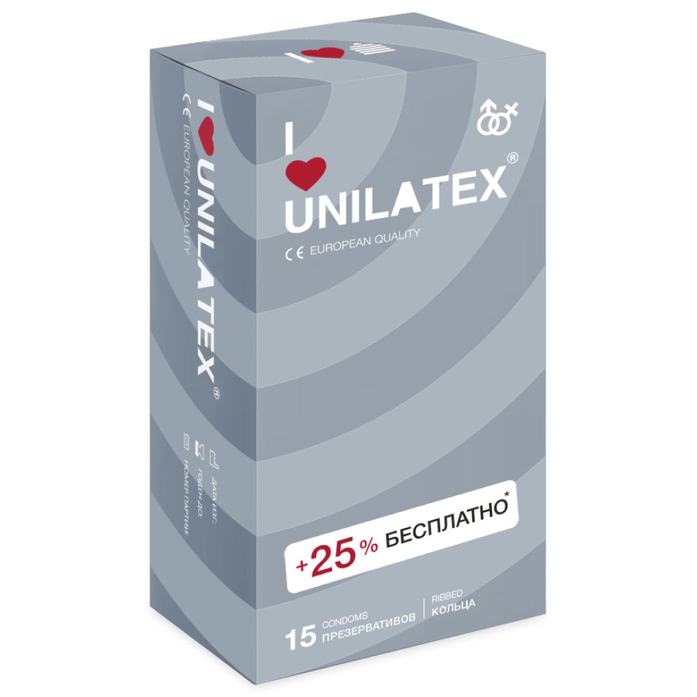 Презервативы UNILATEX Ribbed, 12 шт. + 3 шт. в подарок.