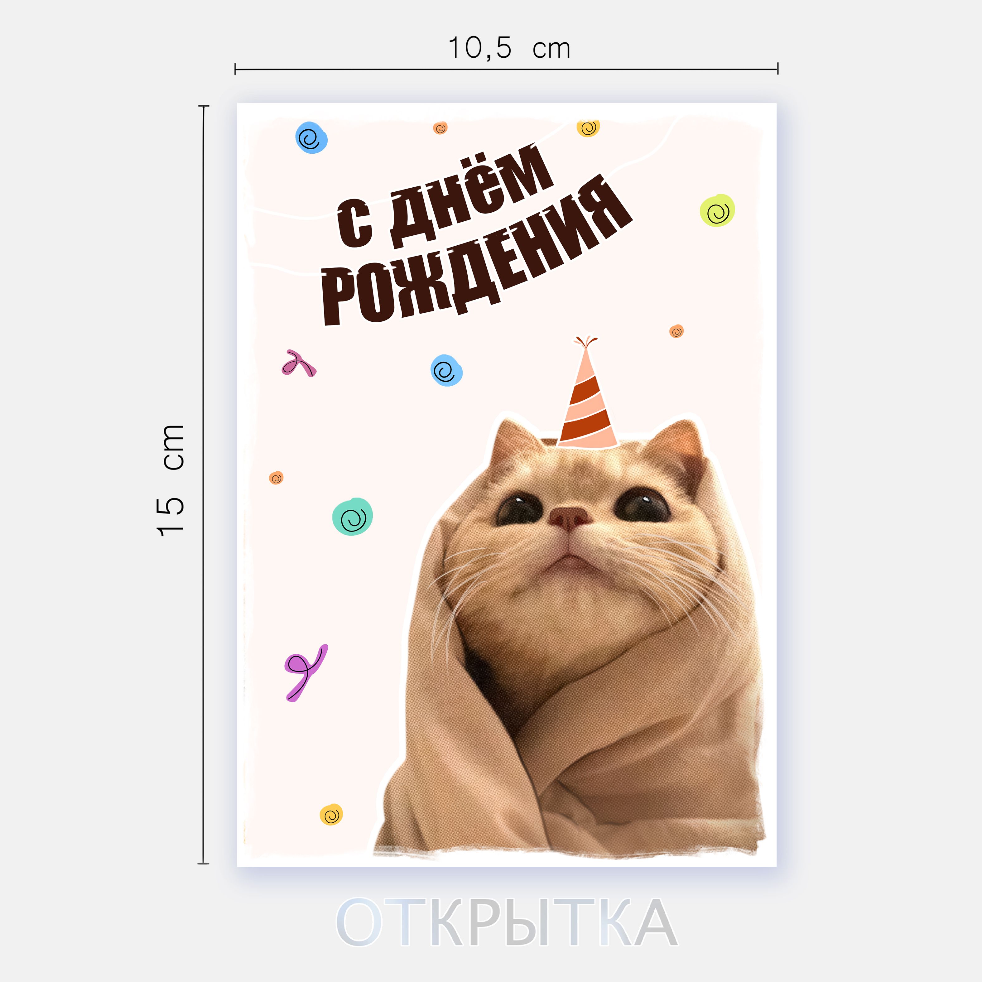 Открытка С Днём Рождения "Милый котик", 10х15 см