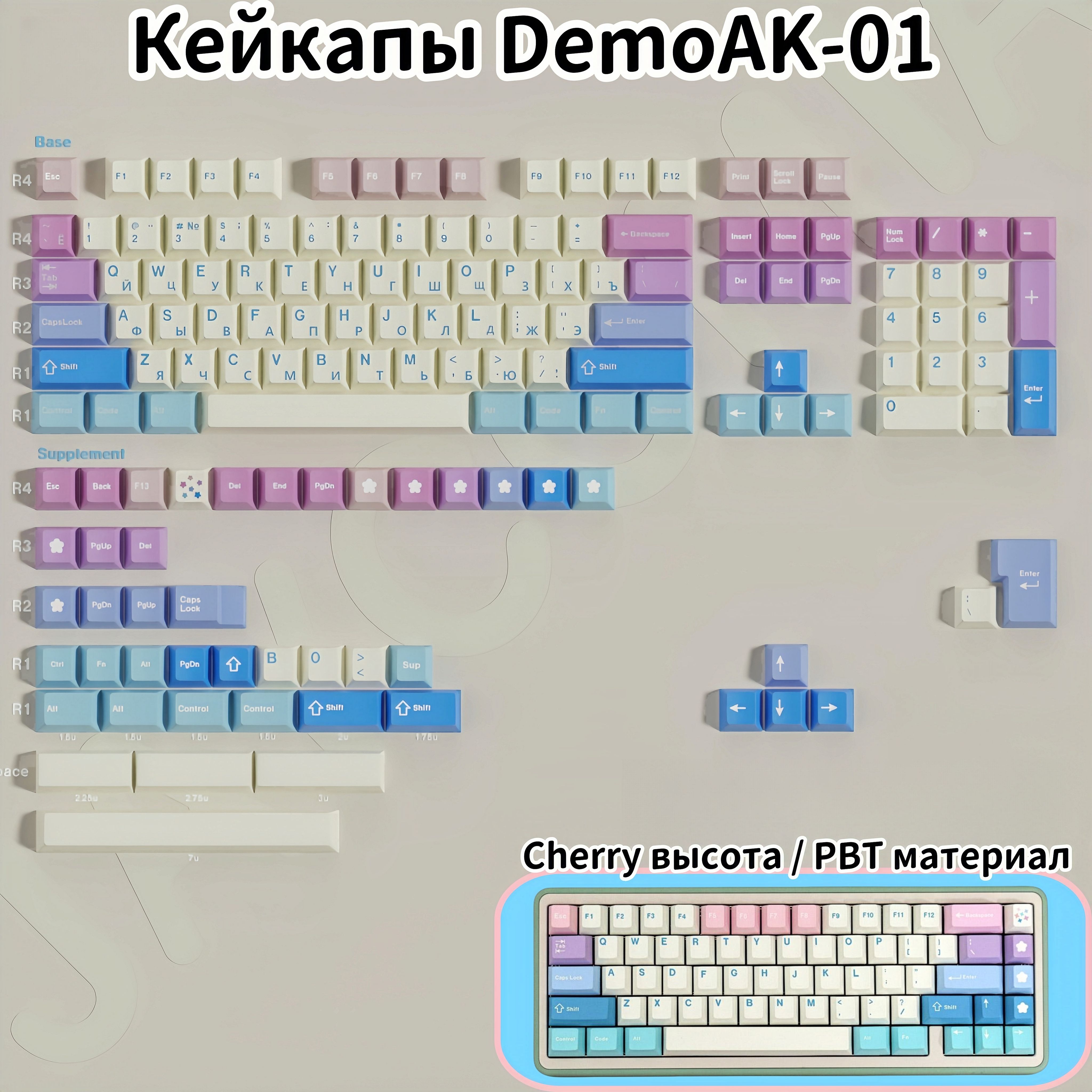 КейкапыдлямеханическойклавиатурыDemoAK-01ENG+RU,pbt,XDA,синий