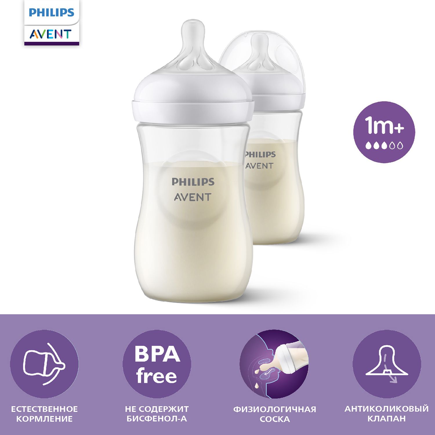 Бутылочка для кормления Philips Avent Natural Response, SCY903/02, 260 мл, 1 мес+, 2 шт, с антиколиковым клапаном