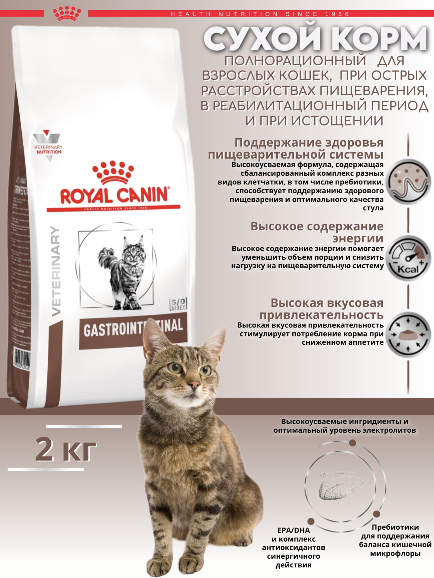 Сухой корм для кошек ROYAL CANIN GastroIntestinal GI32 при нарушении пищеварения 2кг