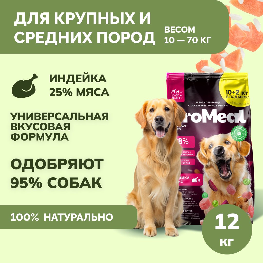 Корм для собак сухой для крупных и средних пород ProMeal Premium+, индейка и рис, гипоаллергенный, 12 кг