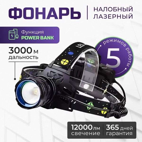 Фонарь налобный, лазерный светодиодный, аккумуляторный, бытовой, LED с зарядкой, с powerbank