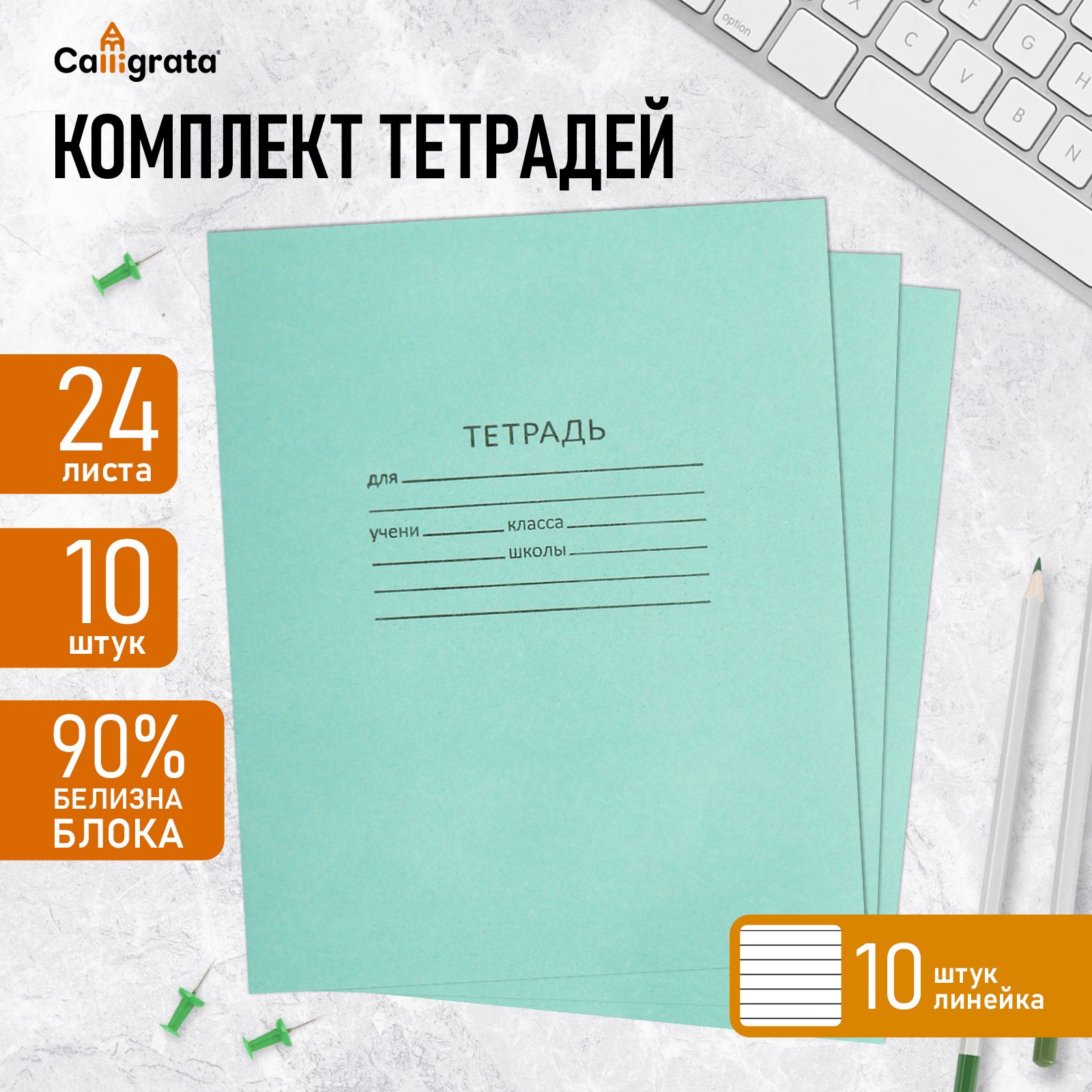 Комплект тетрадей из 10 штук, 24 листа в линию КПК "Зелёная обложка", блок офсет, 58-62 г/м2, белизна 90%