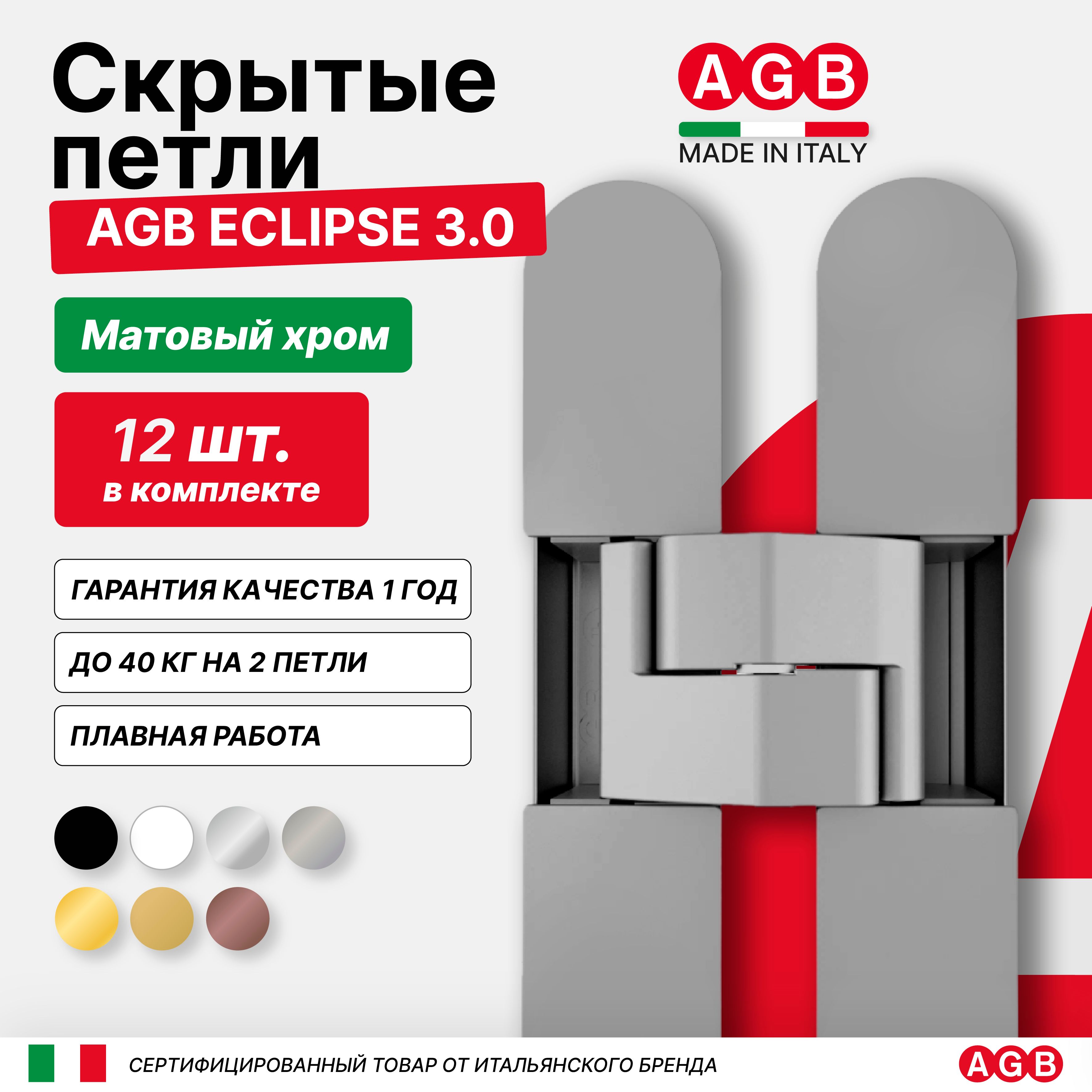 Комплект из 12 скрытых петель AGB ECLIPSE 3.0 E302000234 с комплектом накладок, Матовый Хром