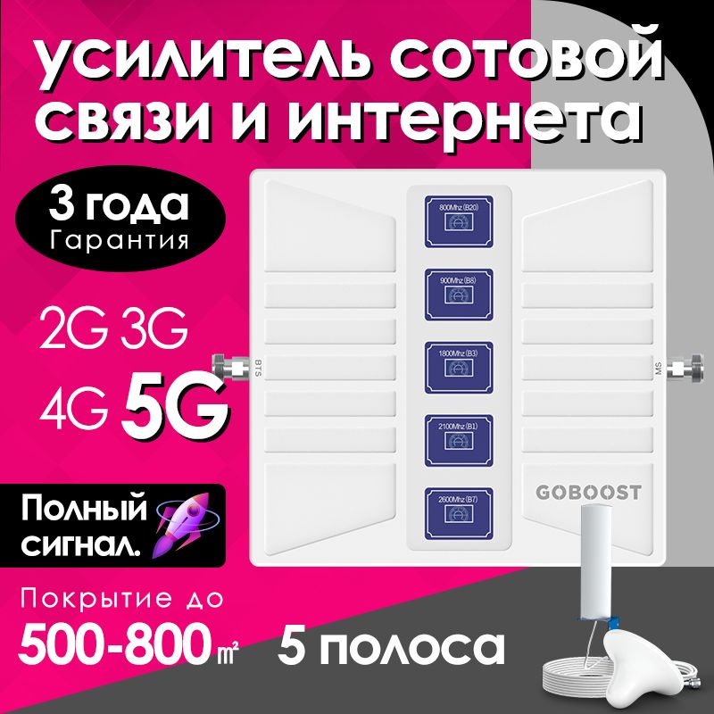 Усилитель сигнала 2G 3G 4G 5G, ретранслятор сотового телефона 5 диапазона, для России, покрытие 360 80 дБ комплект GOBOOST