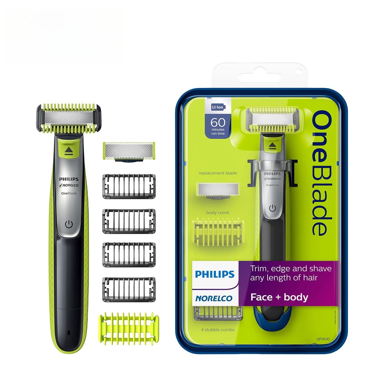 Philips Электробритва Norelco OneBlade QP2630 для мужчин, бритва для сухой и влажной чистки, черный, серый