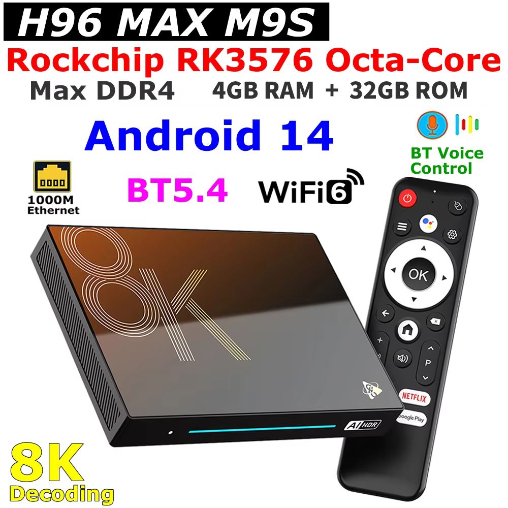 ТелевизионнаяприставкаH96MAXRK3576(M9s)Android14.0,1000М/LAN,двойнымWi-Fi6,Bluetooth5.4,разрешением8K,DDR4ПультдистанционногоуправленияBluetooth4GB/32GB