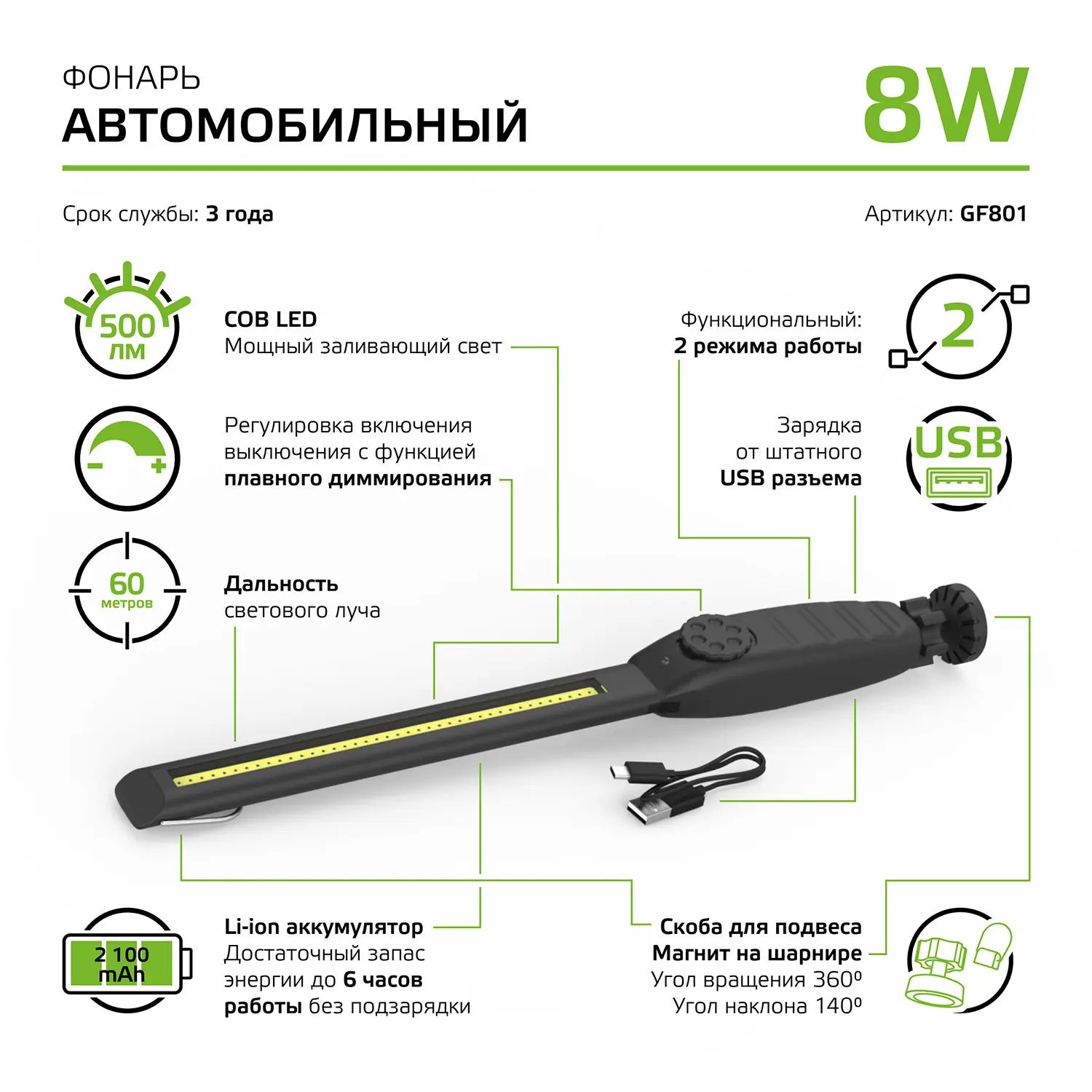 Фонарь автомобильный Gauss 8W 500Lm Li-ion 2100mAh диммируемый LED