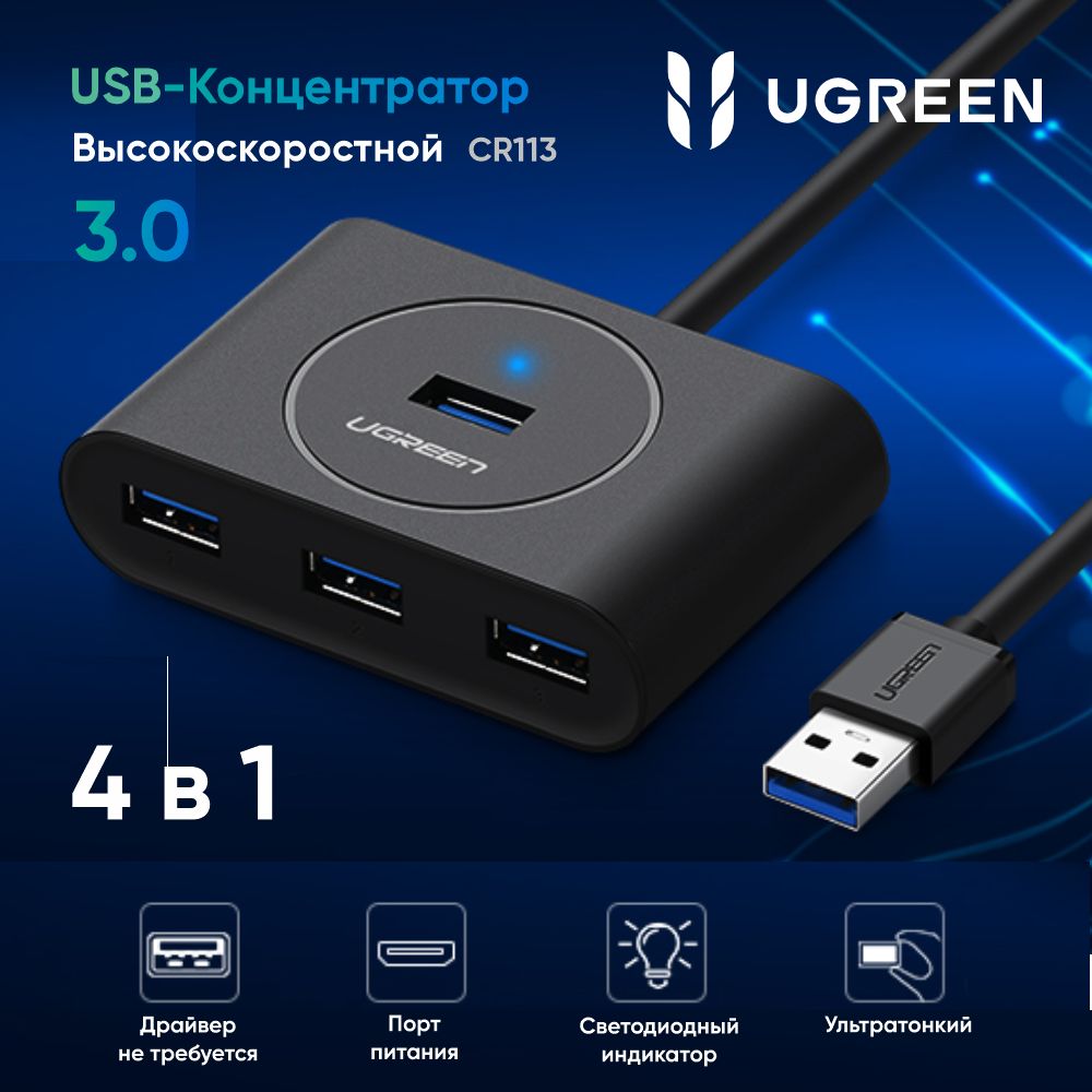 USBХабUGREENCR113(20290)USB3.0Hub.Длина0,5м.Цвет:черный