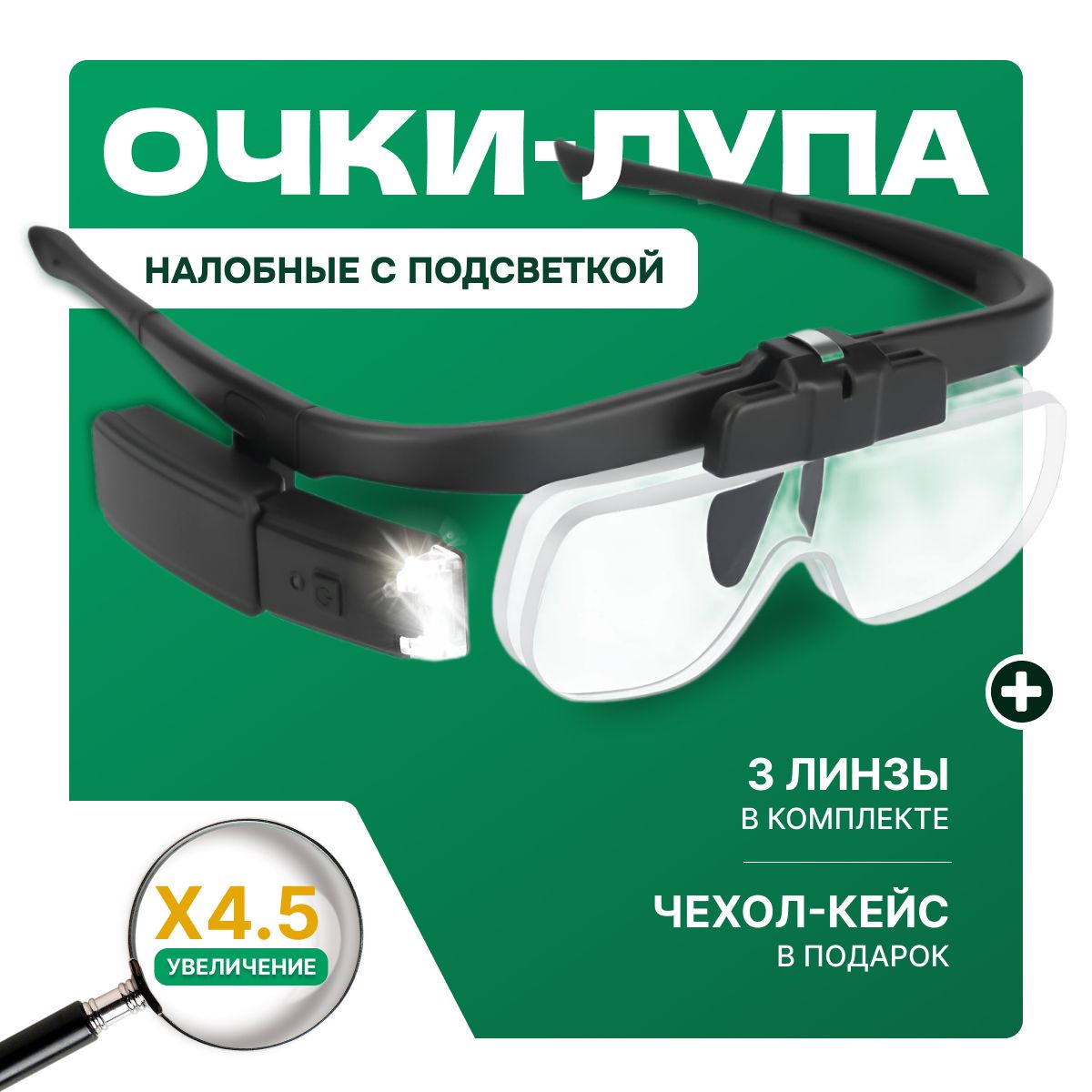 Очки лупа увеличительные налобные со сменными линзами до 4.5х в кейсе и 2 LED диодами подсветкой купить на OZON по низкой цене (1413149376)