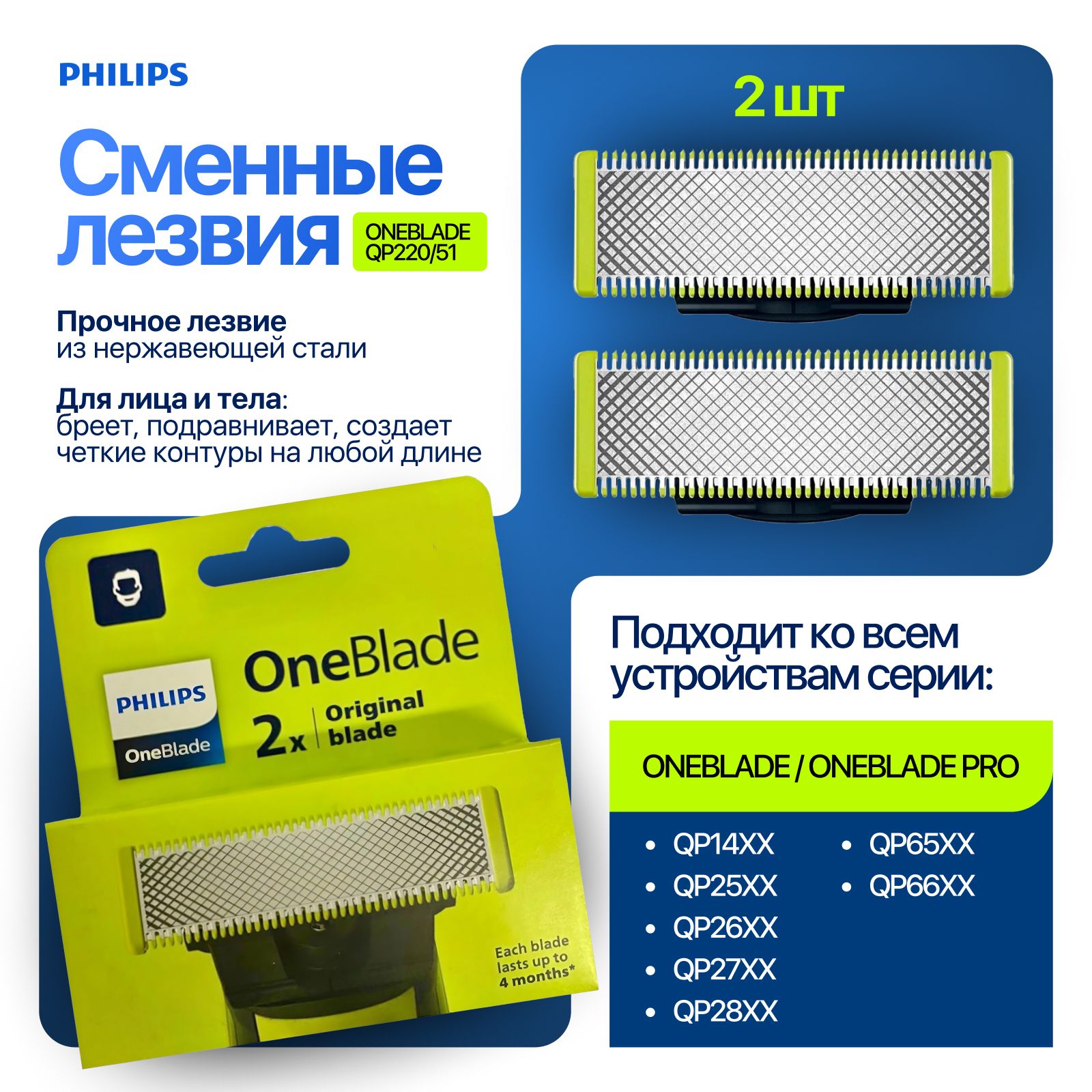 Сменные лезвия Philips OneBlade (QP220/51) для триммера, 2 шт