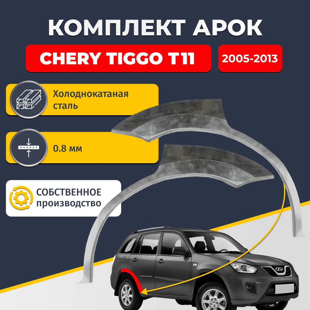 Комплект задних ремонтных арок для автомобиля (2 шт.), Chery Tiggo T11 (2005-2013) внедорожник 5 дверей (Чери Тигго Т11). Холоднокатаная сталь 0,8мм.