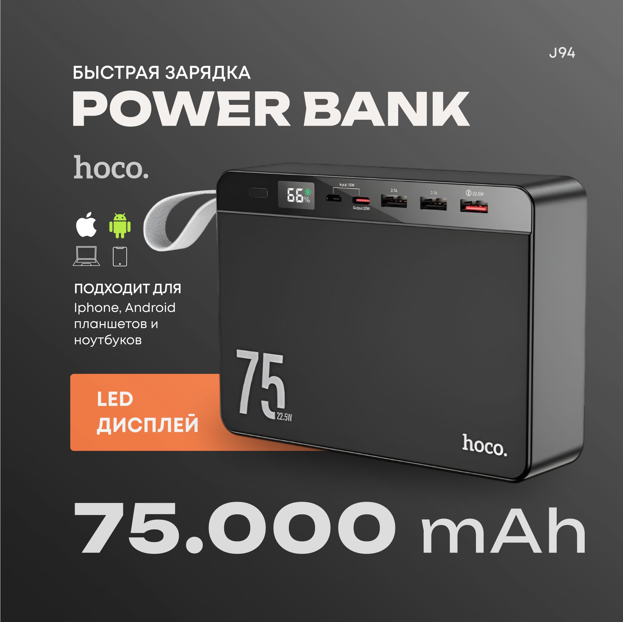 Повербанк75000mAhсбыстройзарядкойHocoJ9422.5W(PD20W+QC3.0,4выхода)