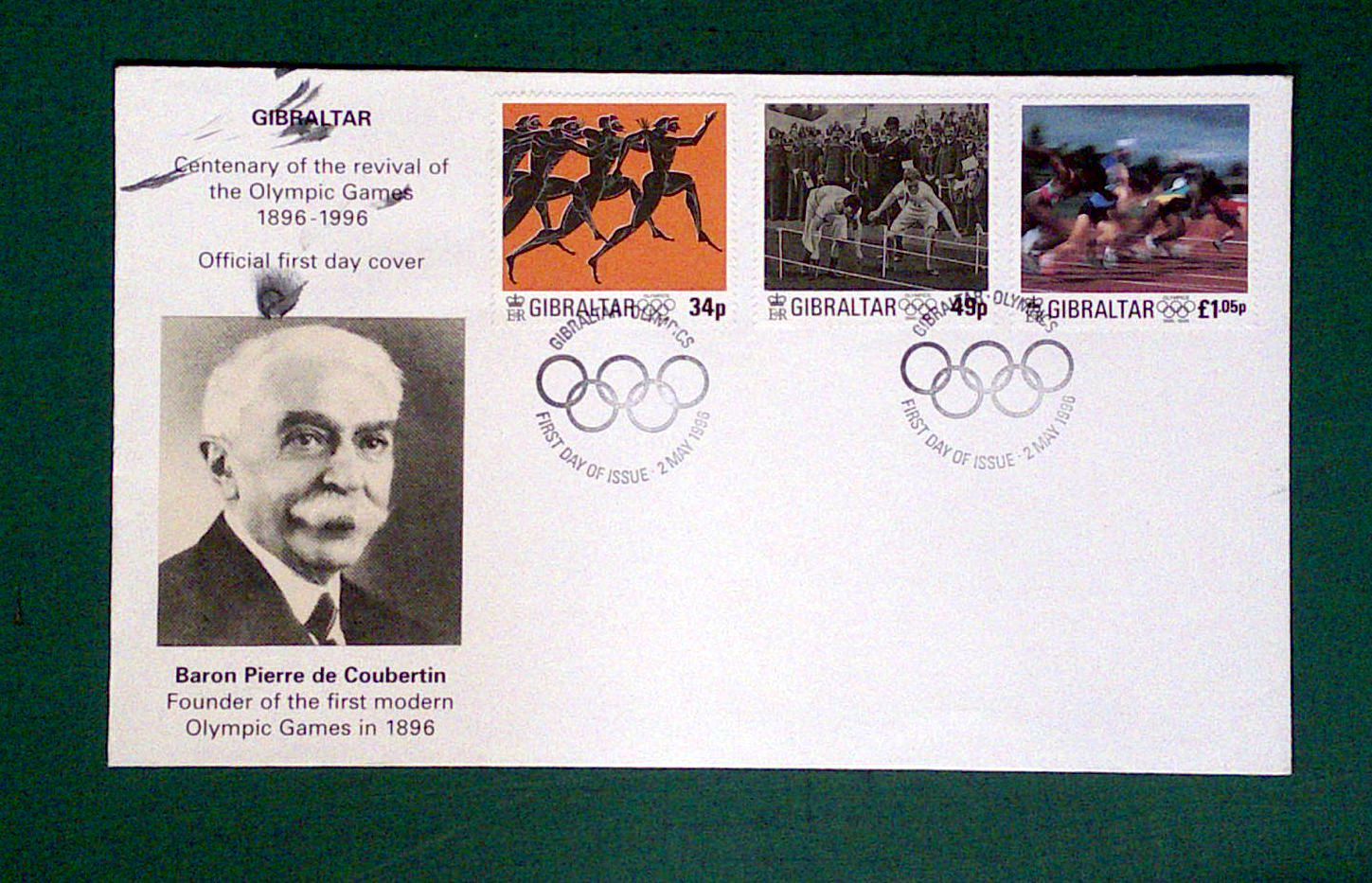 FDC Гибралтар. Полная серия. 100 лет современных олимпийских игр. Барон Пьер де Кубертен.