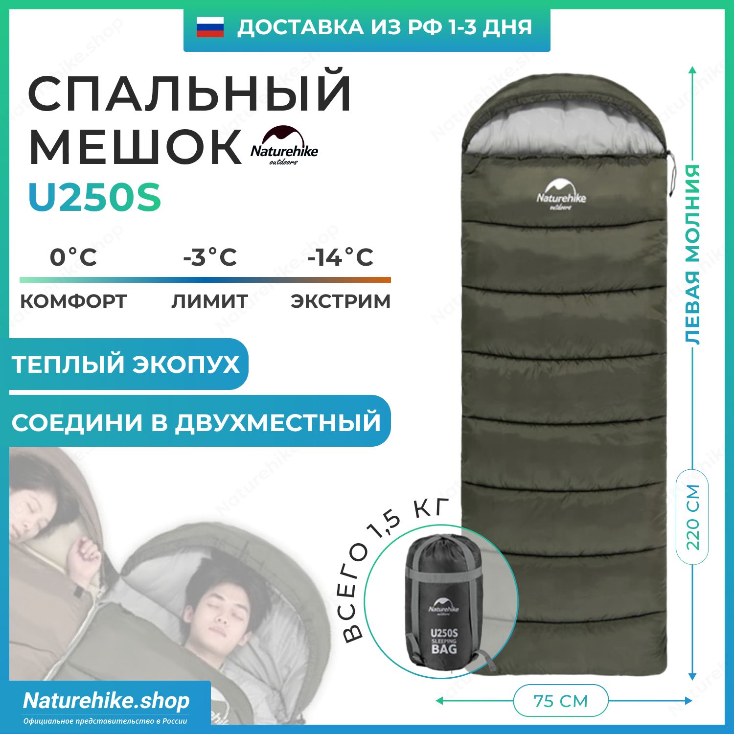 Спальный мешок Naturehike u250s / до -14С, вес 1.5 кг, зеленый, молния слева / превращается в двухместный спальник