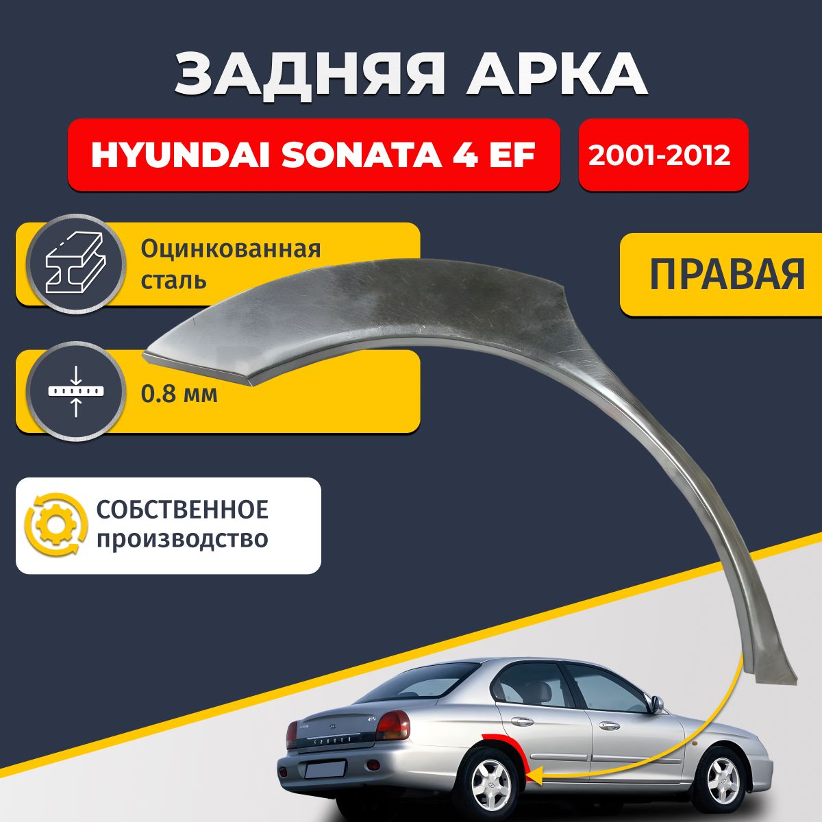 Правая задняя ремонтная арка для автомобиля Hyundai Sonata 4 EF 2001-2012 седан 4 двери (Хендай Соната 4). Оцинкованная сталь 0,8мм.