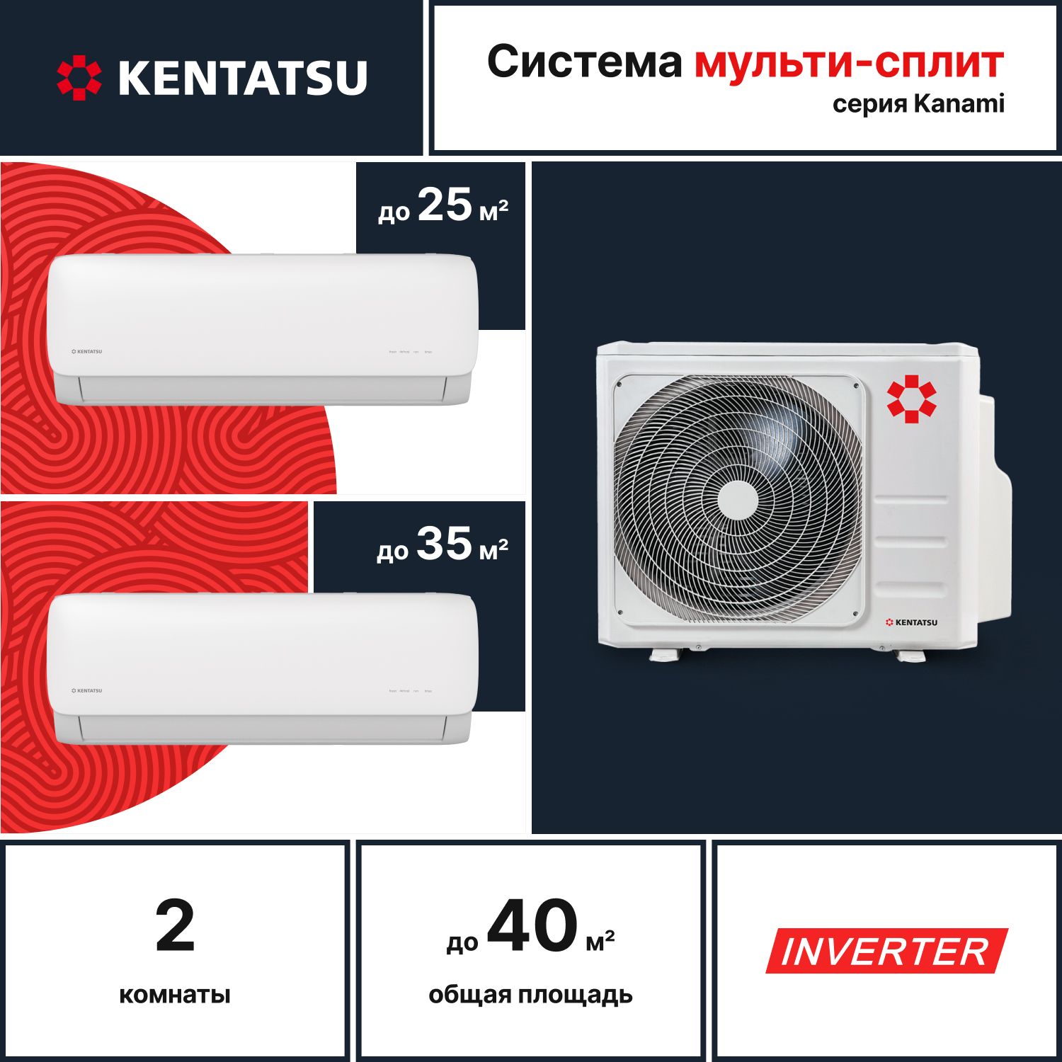 Надежная мульти сплит-система инвертор Kentatsu K2MRB40HZRN1/KMGA26HZRN1/KMGA35HZRN1, для 2х комнат, 17+23кв.м.