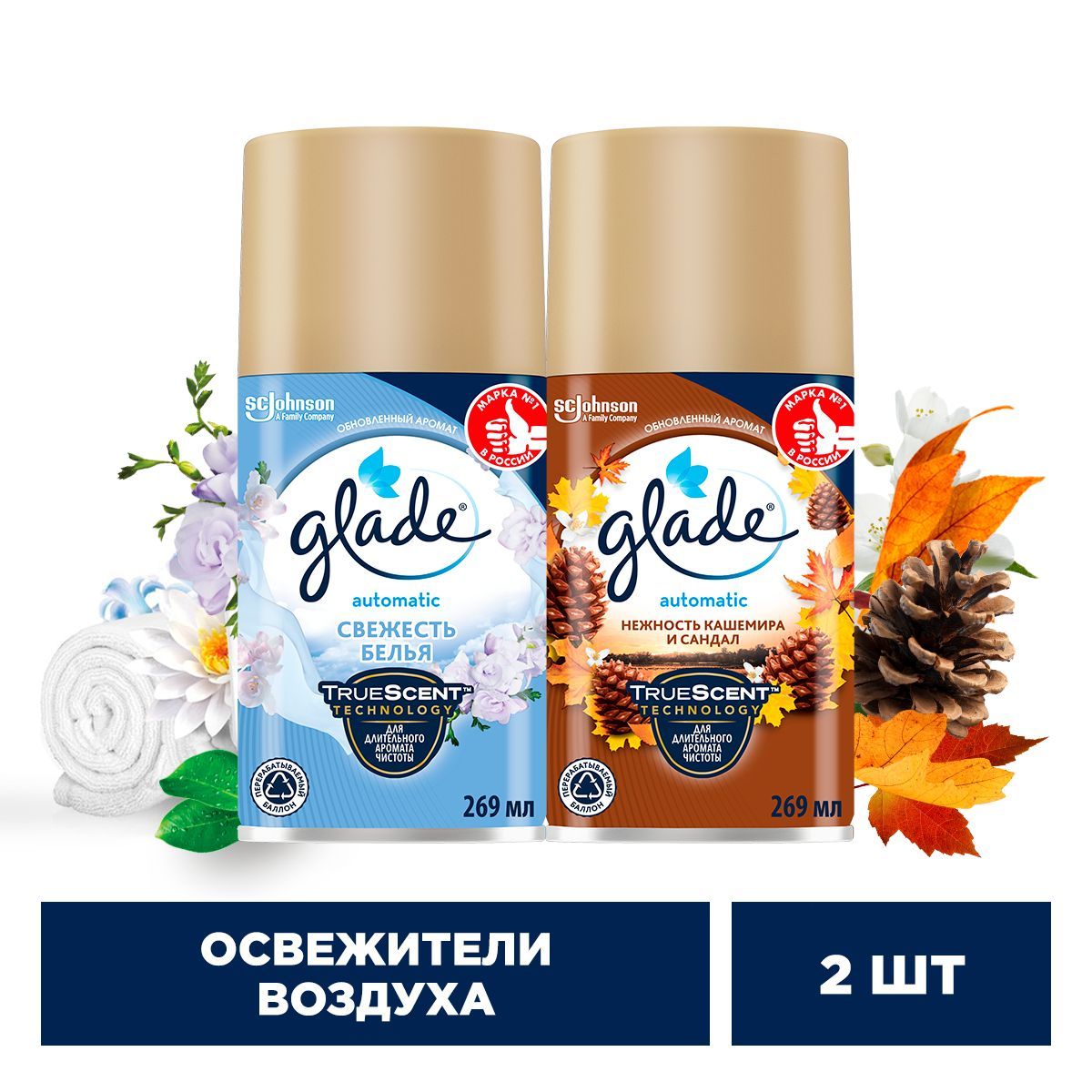 Glade набор сменных баллонов Свежесть белья 269 мл + Нежность кашемира и сандала 269мл купить на OZON по низкой цене (1726706982)
