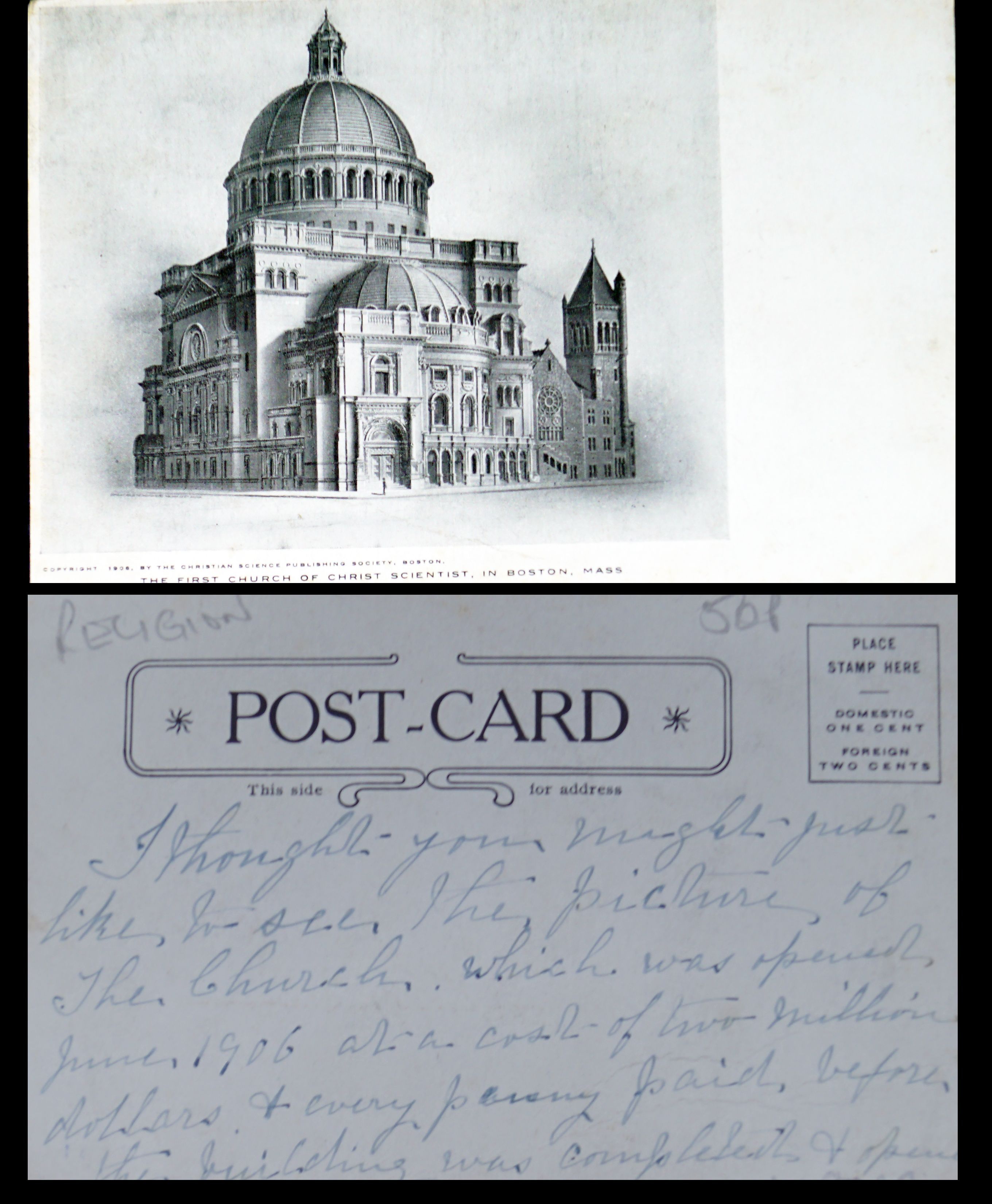 Антикварная открытка "Бостон. Первый храм в Бостоне". США, 1910-1920