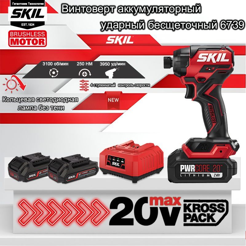 SKIL6739шуруповертаккумуляторныйударныйбесщеточный20B,250НМ,3100об/мин,3950уд/мин,2АКБиЗУ,С1намагничивателем,3аксессуарамидлясверлильныхдолот