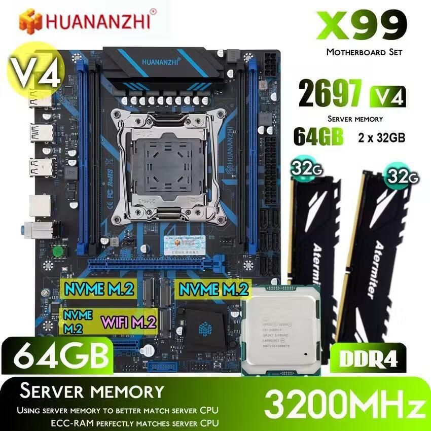 HUANANZHIКомпьютервсборкеПлатаX99QD4LGA2011-3+XEONE52697V42,3ГГц(18ядер/36потока)+64Гб(2x32GB)DDR43200МГцREGECCNVMEM.2WIFI(IntelXeonE5-2697V4,RAM64ГБ,