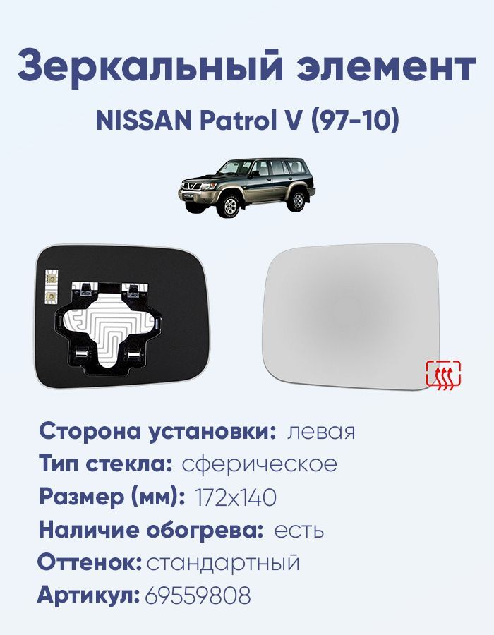 Зеркальный элемент левый NISSAN Patrol V (97-10) сфера нейтральный с обогревом