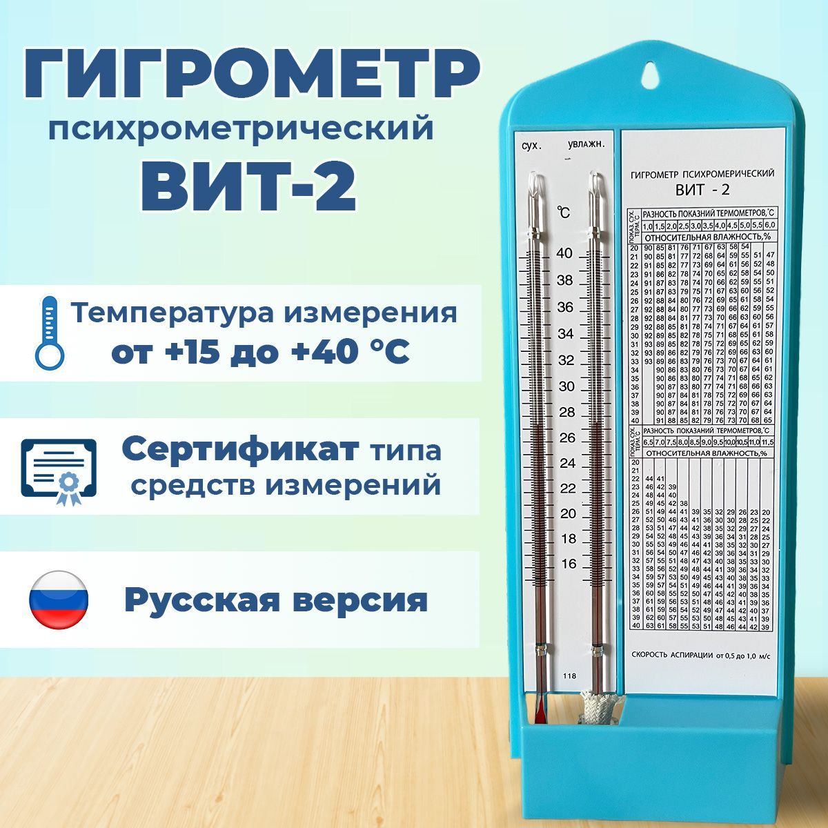 Гигрометр психрометрический ВИТ-2 (от +15 до +40), с поверкой