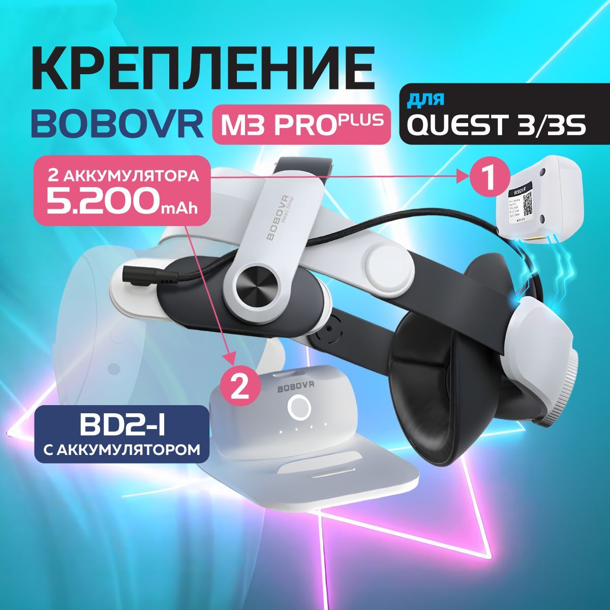 BoboVR M3 Pro Plus крепление для Oculus Quest 3 и 3s аксессуары META с двумя аккумуляторами и зарядной станцией