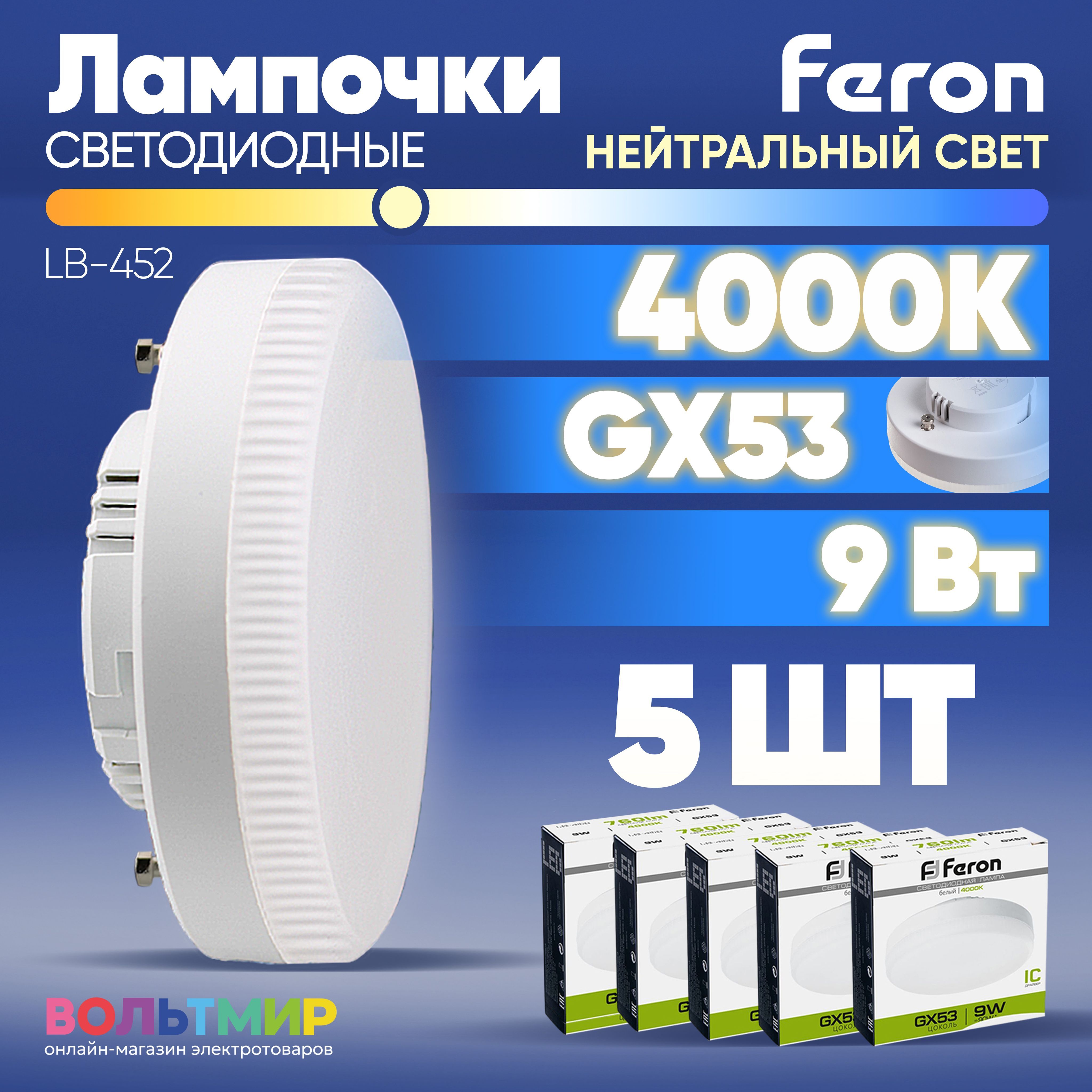 ЛампасветодиоднаяFeronLB-4529Вт4000К,цокольGX53/Дневнойбелыйсвет/Комплект5штук