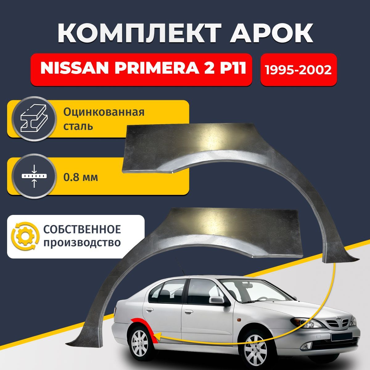 Комплект задних ремонтных арок для автомобиля (2 шт.), Nissan Primera 2 P11 1995-2002 Седан 4 двери (Ниссан Примера Р11). Оцинкованная сталь 0,8 мм.