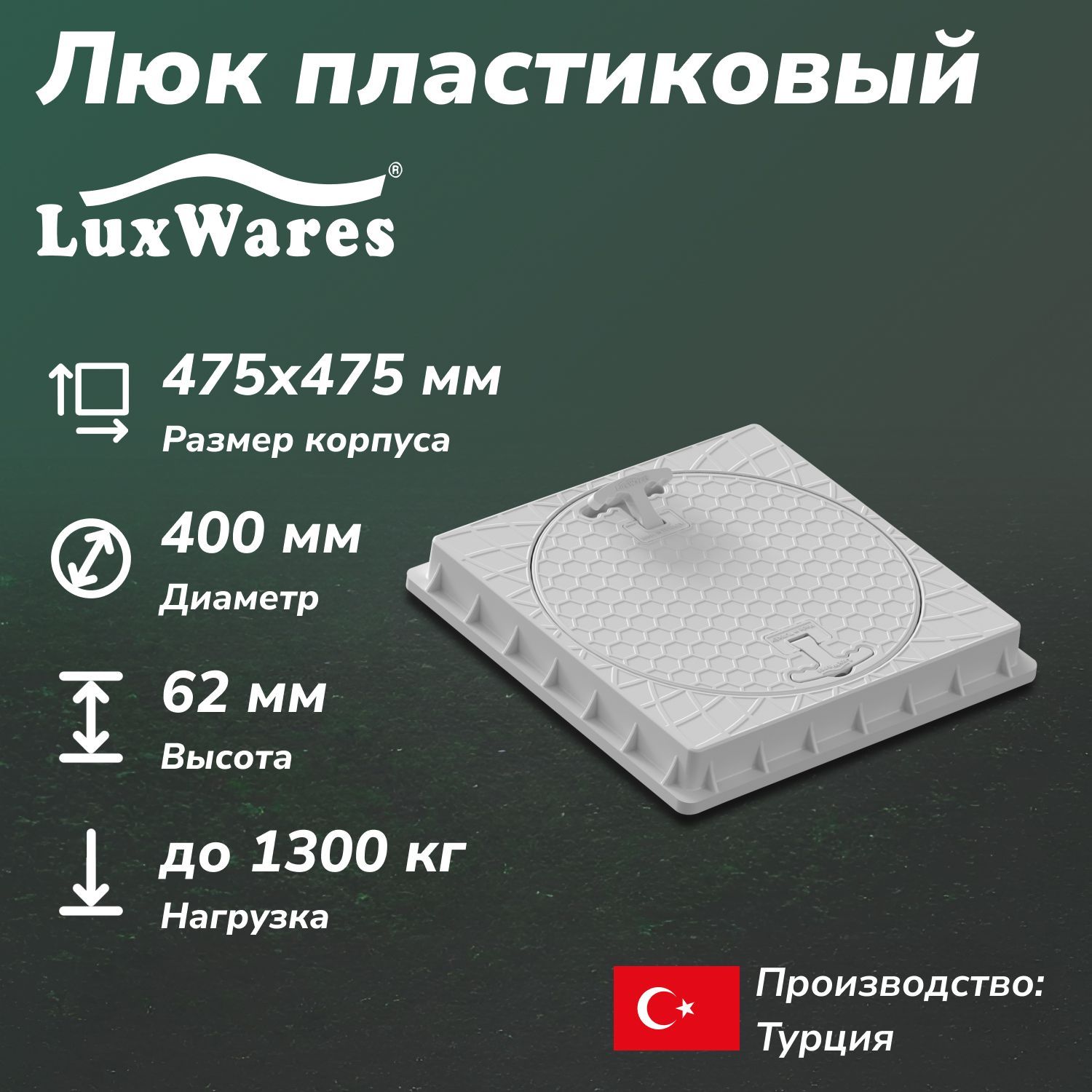 Люк пластиковый круглый в квадратном корпусе LuxWares 400мм (YK-1002)