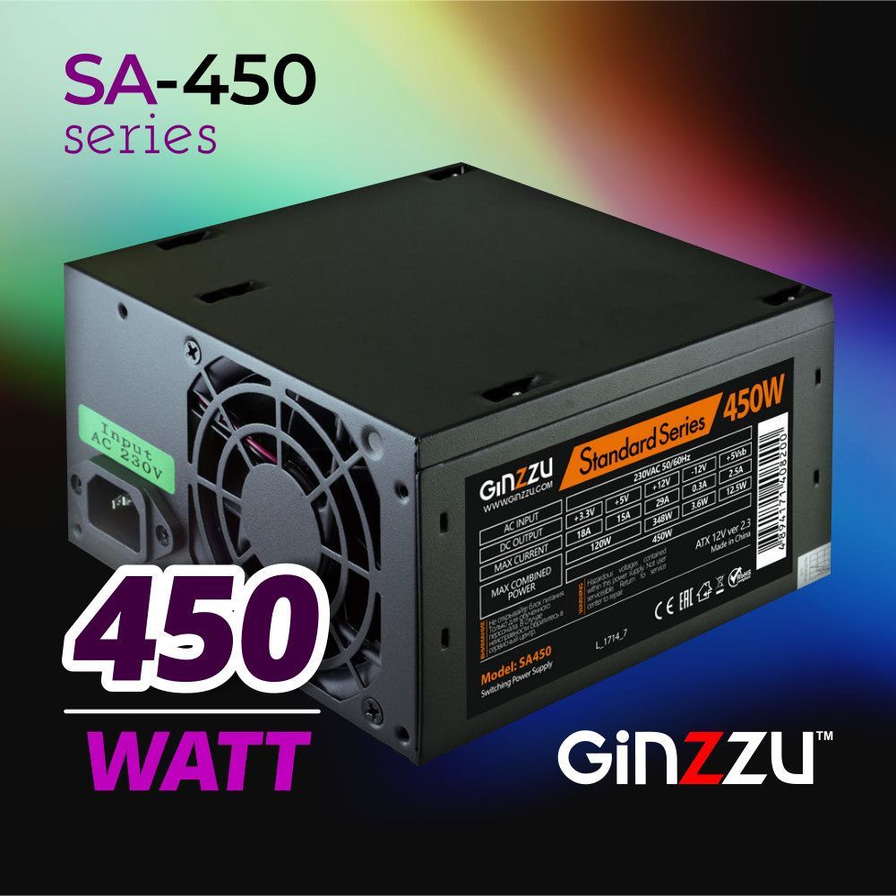 Блок питания Ginzzu SA450 ATX, 8cm fan, 20+4pin +4Pin, 2*SATA, 2*IDE Черный