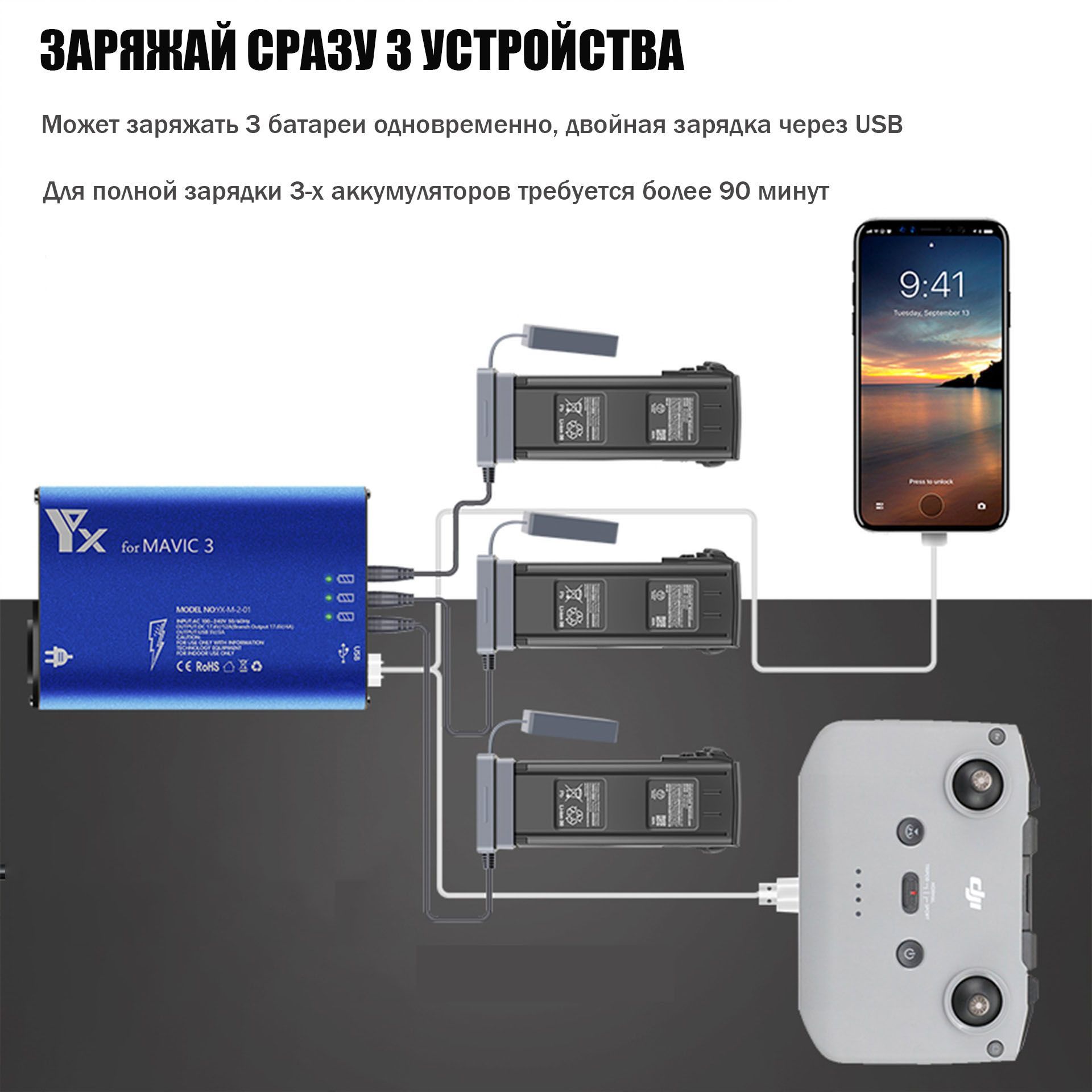 Зарядное устройство для 3 аккумуляторов и мобильных устройств DJI Mavic 3, пульта YX