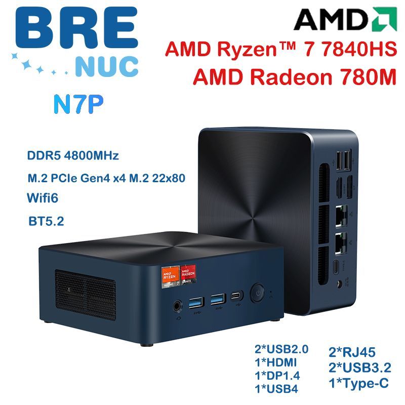 BRENUC Мини-ПК 7840HS (AMD Ryzen 7 7840HS, RAM 16 ГБ, SSD 1024 ГБ, AMD Radeon 780M, Windows 11 Pro), темно-синий