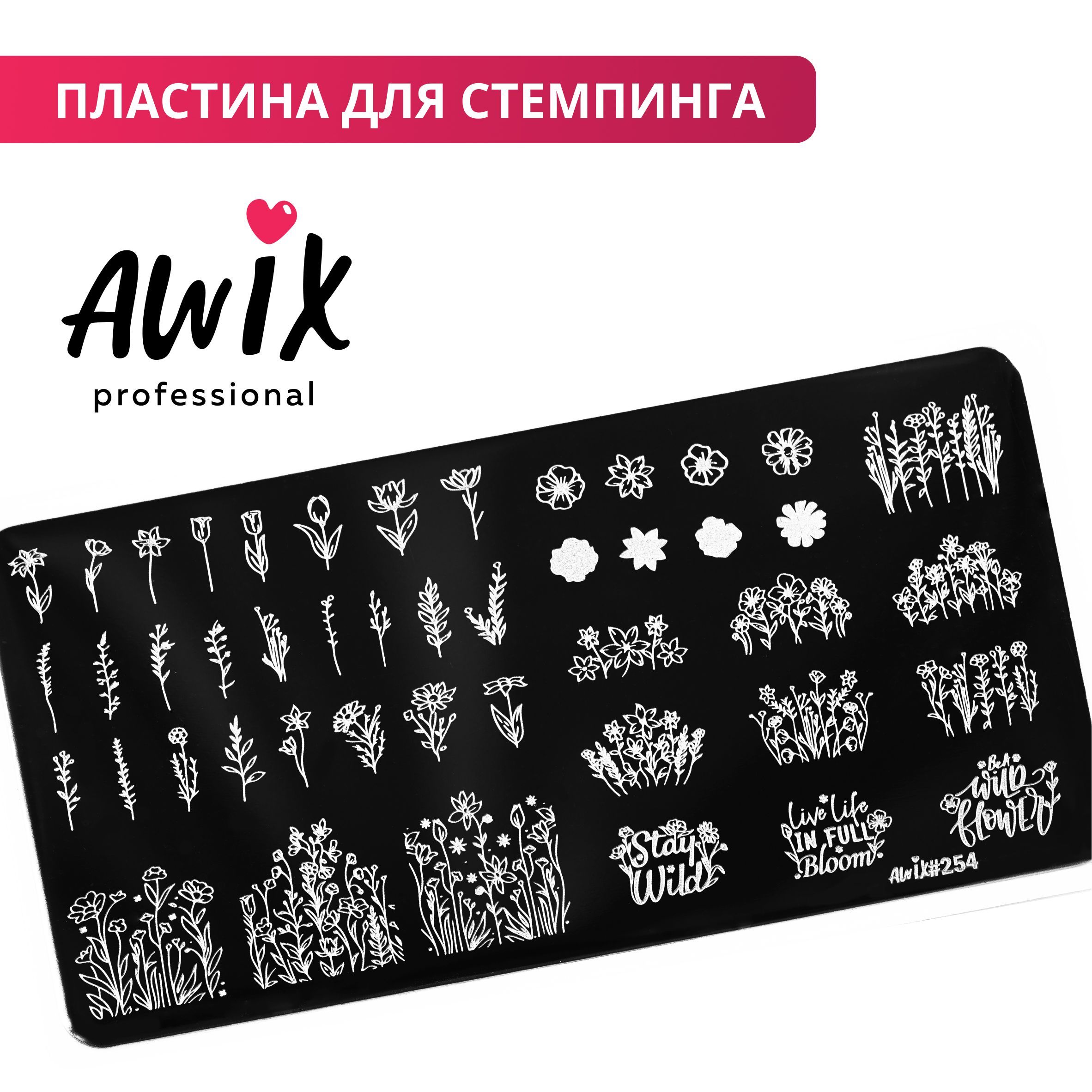 Awix, Пластина для стемпинга 254, трафарет для ногтей сухоцветы, надписи