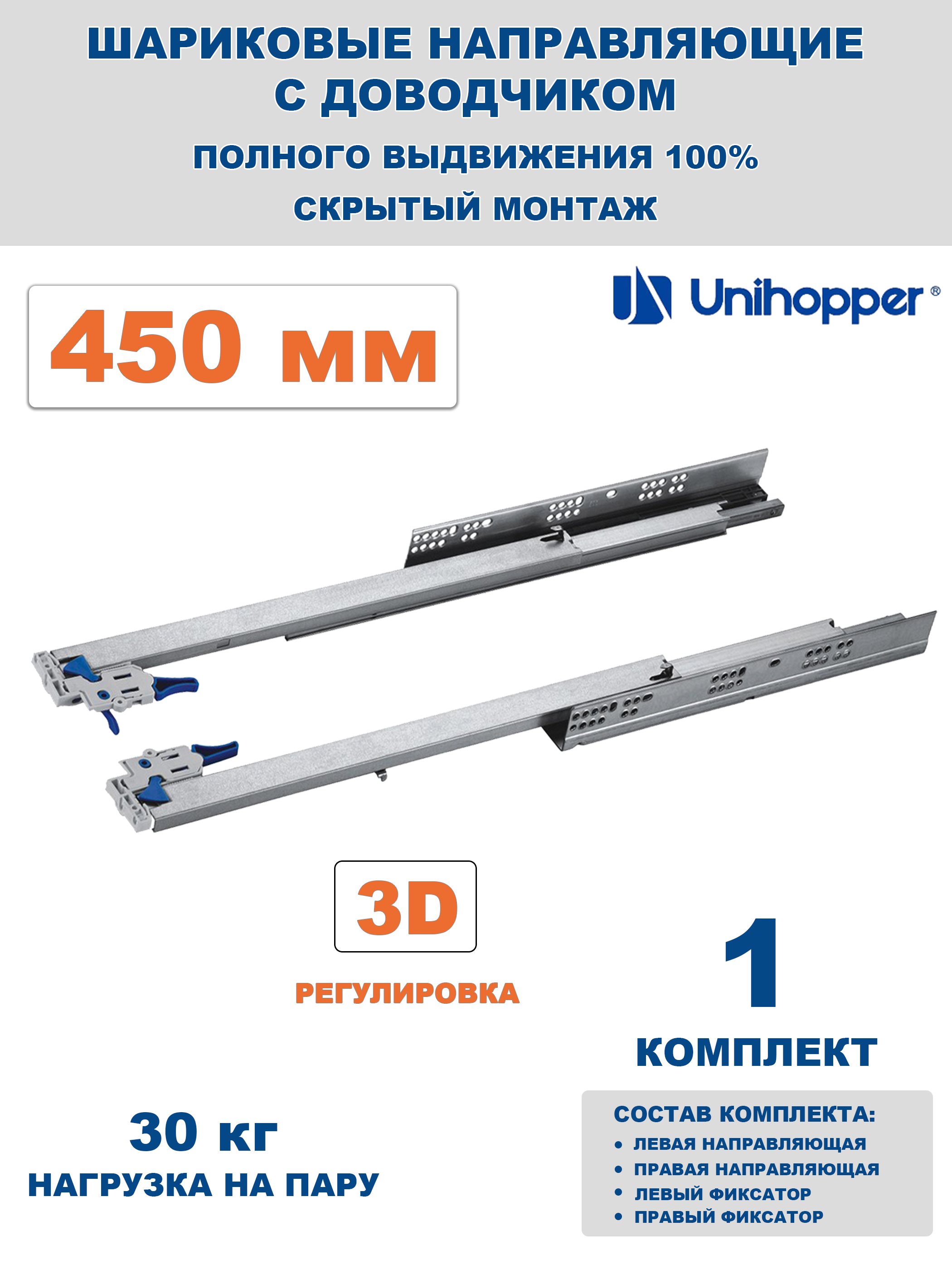 Направляющиедляящиковскрытогомонтажасдоводчикоми3Dрегулировкой,длина450мм,полноевыдвижение,Unihopper/1комплект