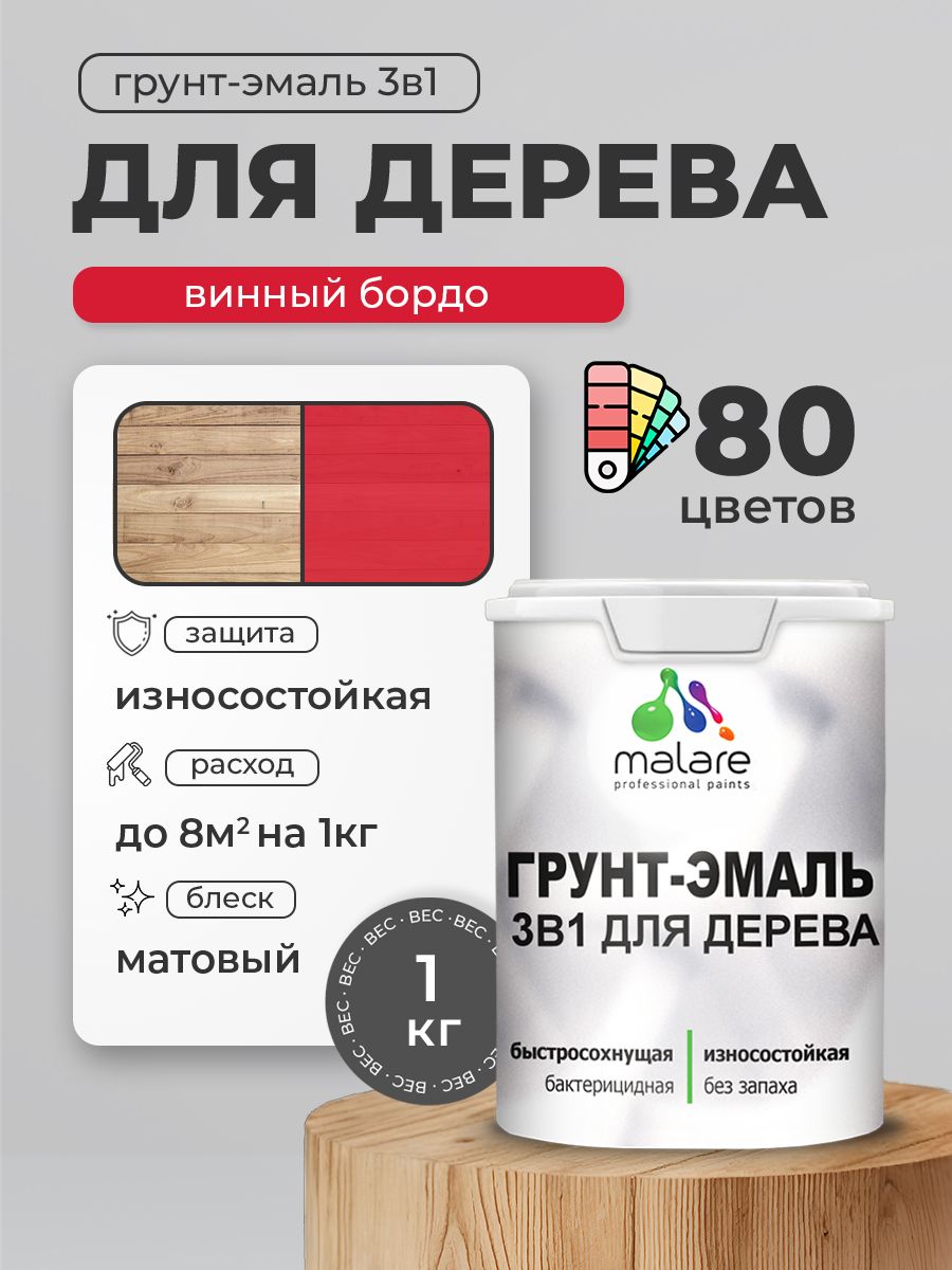 Акриловая Грунт-Эмаль 3 в 1 Malare для деревянных поверхностей с антисептическим эффектом, быстросохнущая, моющаяся без запаха матовая, винный бордо, 1 кг