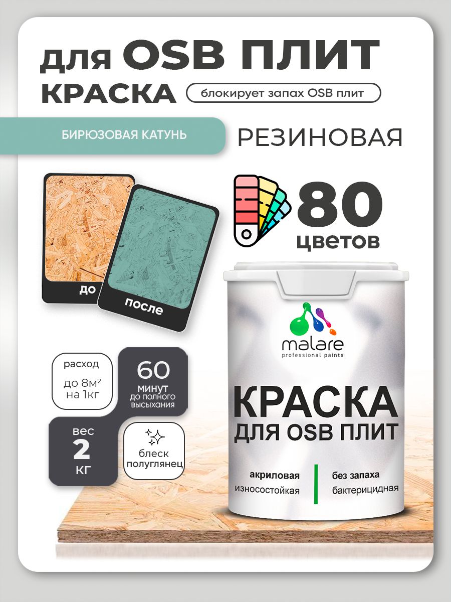 Резиновая краска для ОСБ плит Malare акриловая краска для дерева для наружных и внутренних работ, быстросохнущая без запаха полуглянцевая, бирюзовая катунь, 2 кг
