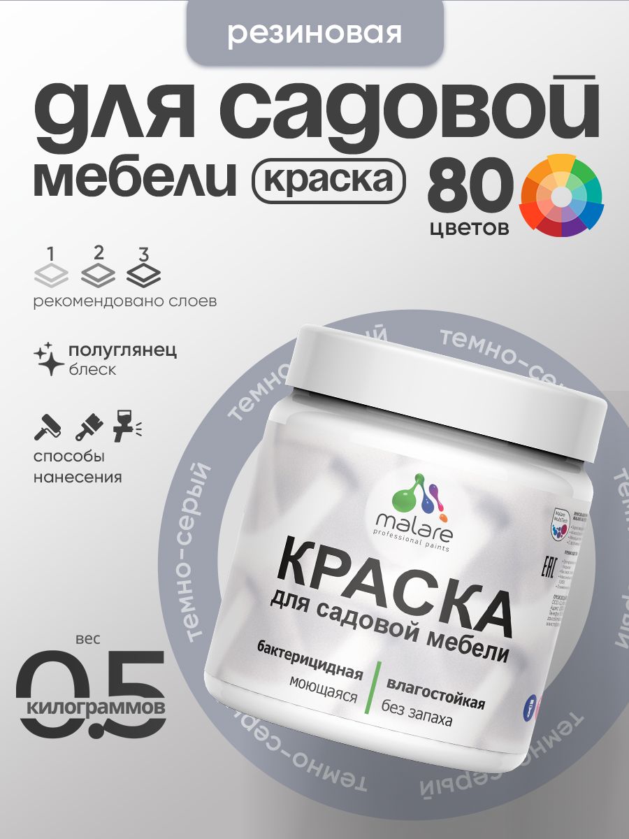 Резиновая краска Malare для садовой мебели/ по дереву, для наружных и внутренних работ/ быстросохнущая моющаяся без запаха полуглянцевая, темно-серый, 0.5 кг