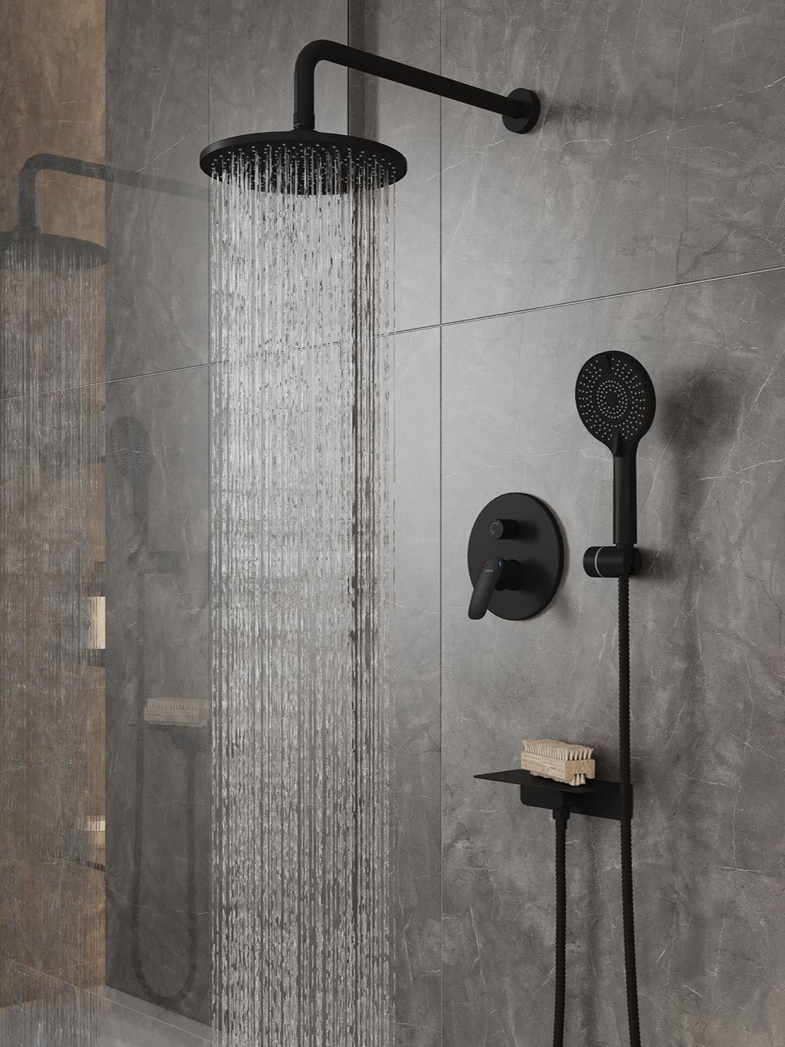 Фото товара на маркетплейсе ozon Встраиваемая душевая система с тропическим душем, смесителем и лейкой, скрытый монтаж, черный матовый, Milardo, Rora, RORBL02M67