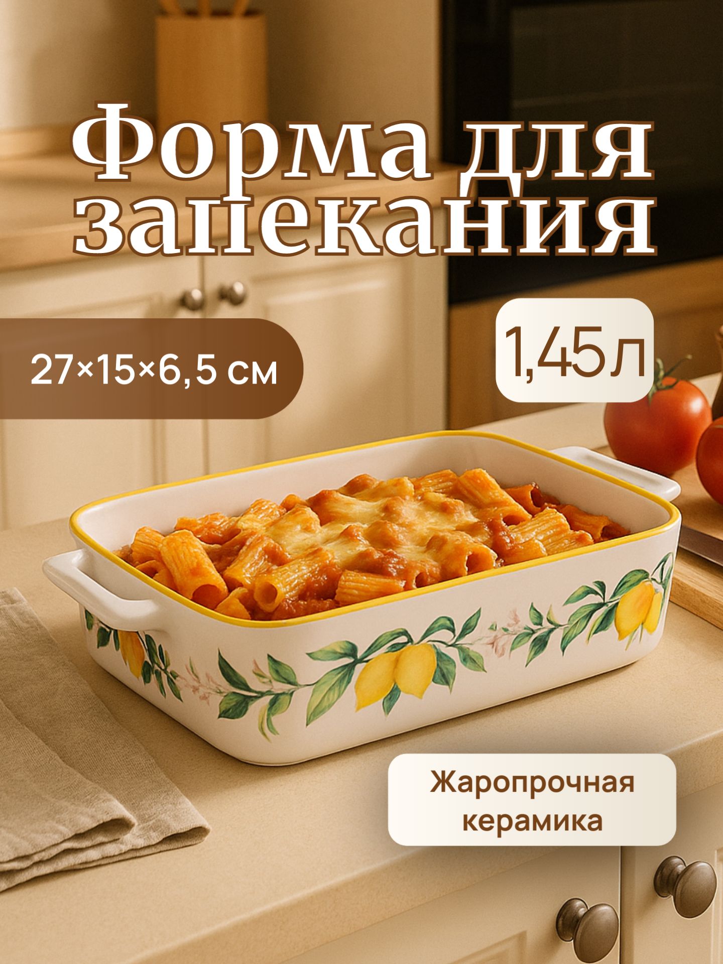 Форма для запекания, объем 1,45 л, размер 27х15 см, с ручками, жаропрочная керамика