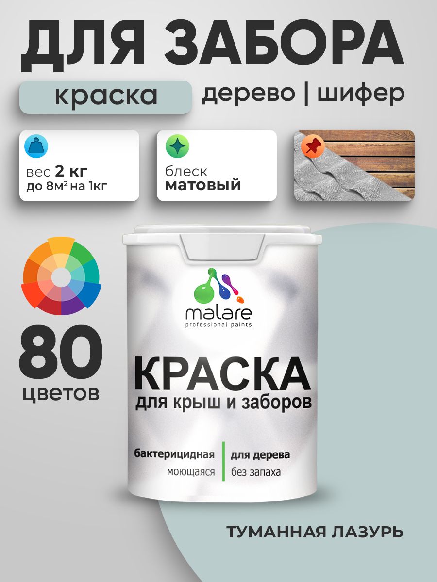Резиновая краска Malare для деревянного забора/ по дереву для наружных и внутренних работ/ быстросохнущая моющаяся без запаха полуглянцевая, туманная лазурь, 2 кг.