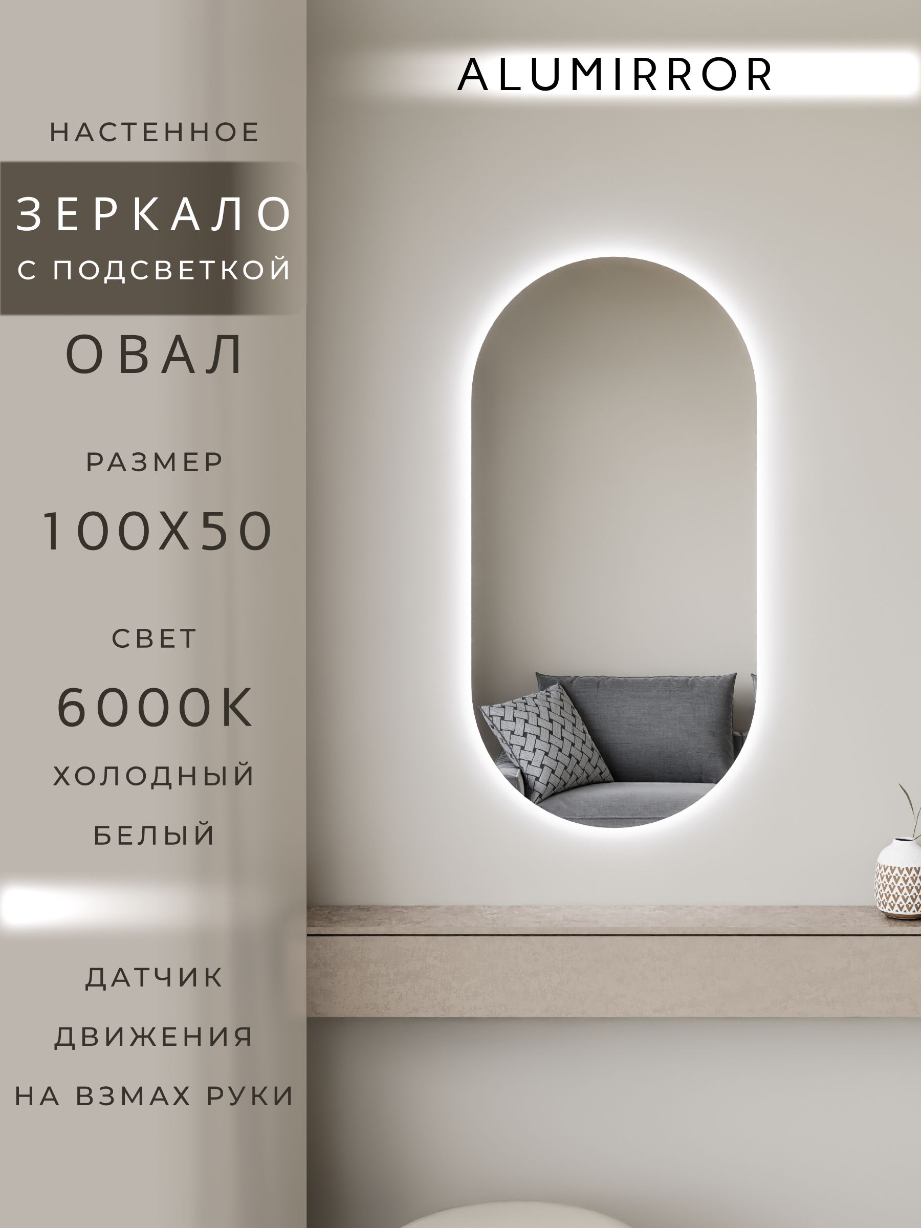 Зеркало настенное холодный свет 6000К овальное с подсветкой М6 ALUMIRROR