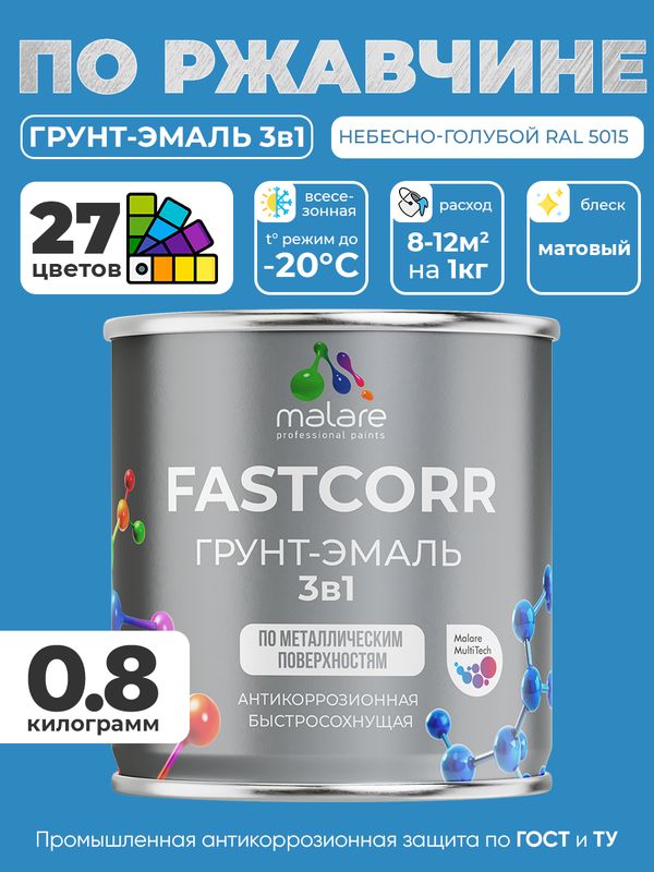 Грунт-эмаль по ржавчине 3 в 1 Malare FastCorr краска для металла, антикоррозионная износостойкая быстросохнущая RAL 5015, небесно-голубой, матовая, 0,8 кг.