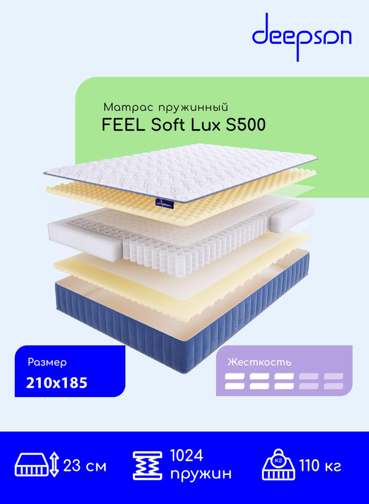 Deepson FEEL Soft LUX S500 средней жесткости, Двуспальный, Беспружинный, На кровать 210x185  #1