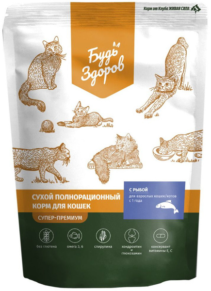 Корм Будь Здоров (Живая сила) Супер-Премиум для кошек, с рыбой, 400 г ...