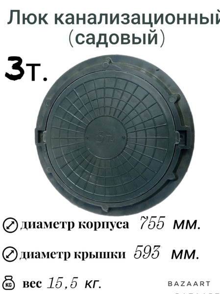 Люк пластиковый, канализационный (садовый) 3т для ЖБИ колодцев - купить ...